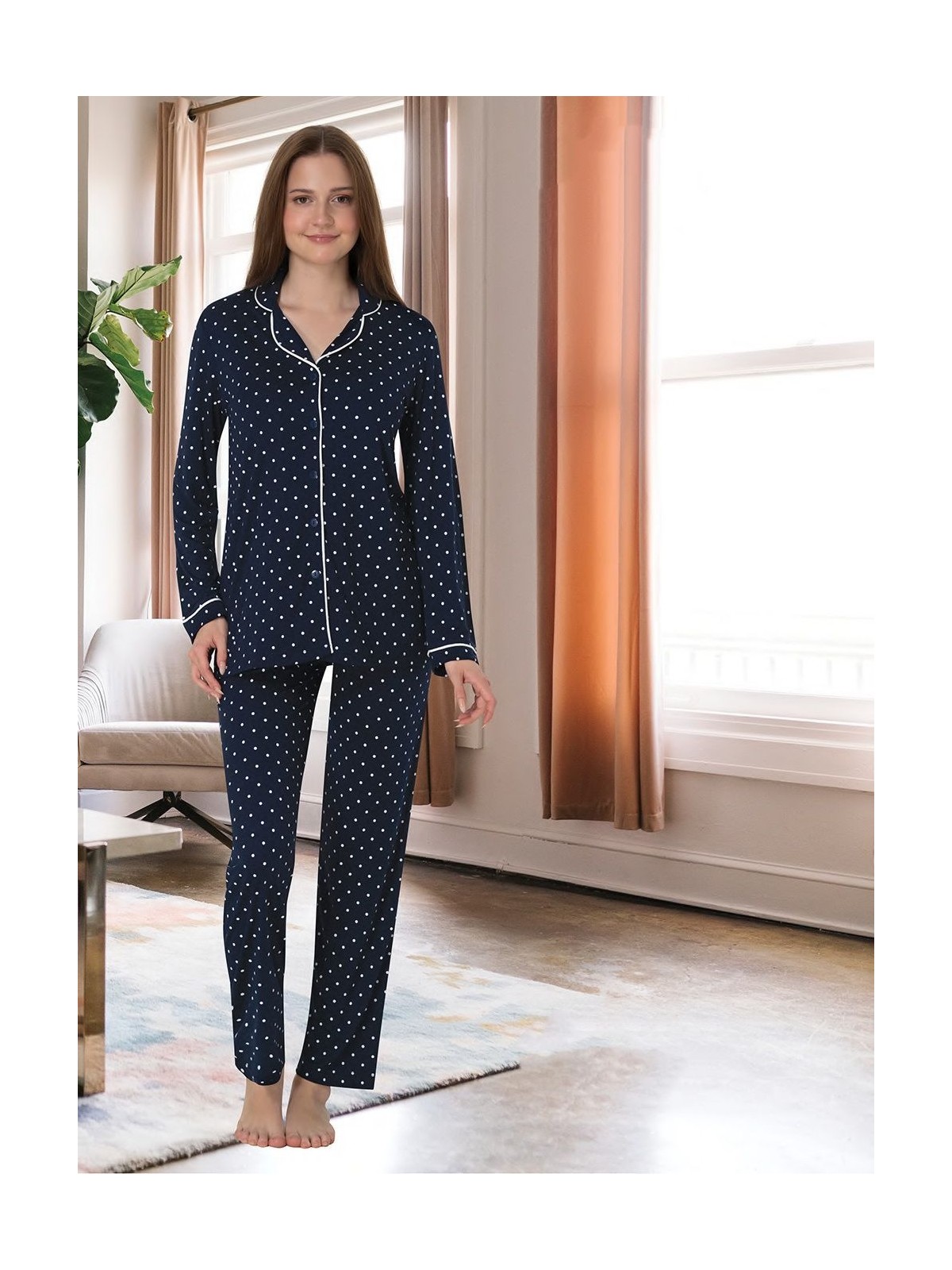 Effortt Dvina Effortt Lohusa Beyaz Puantiyeli Pijama Takımı Lacivert - 6018