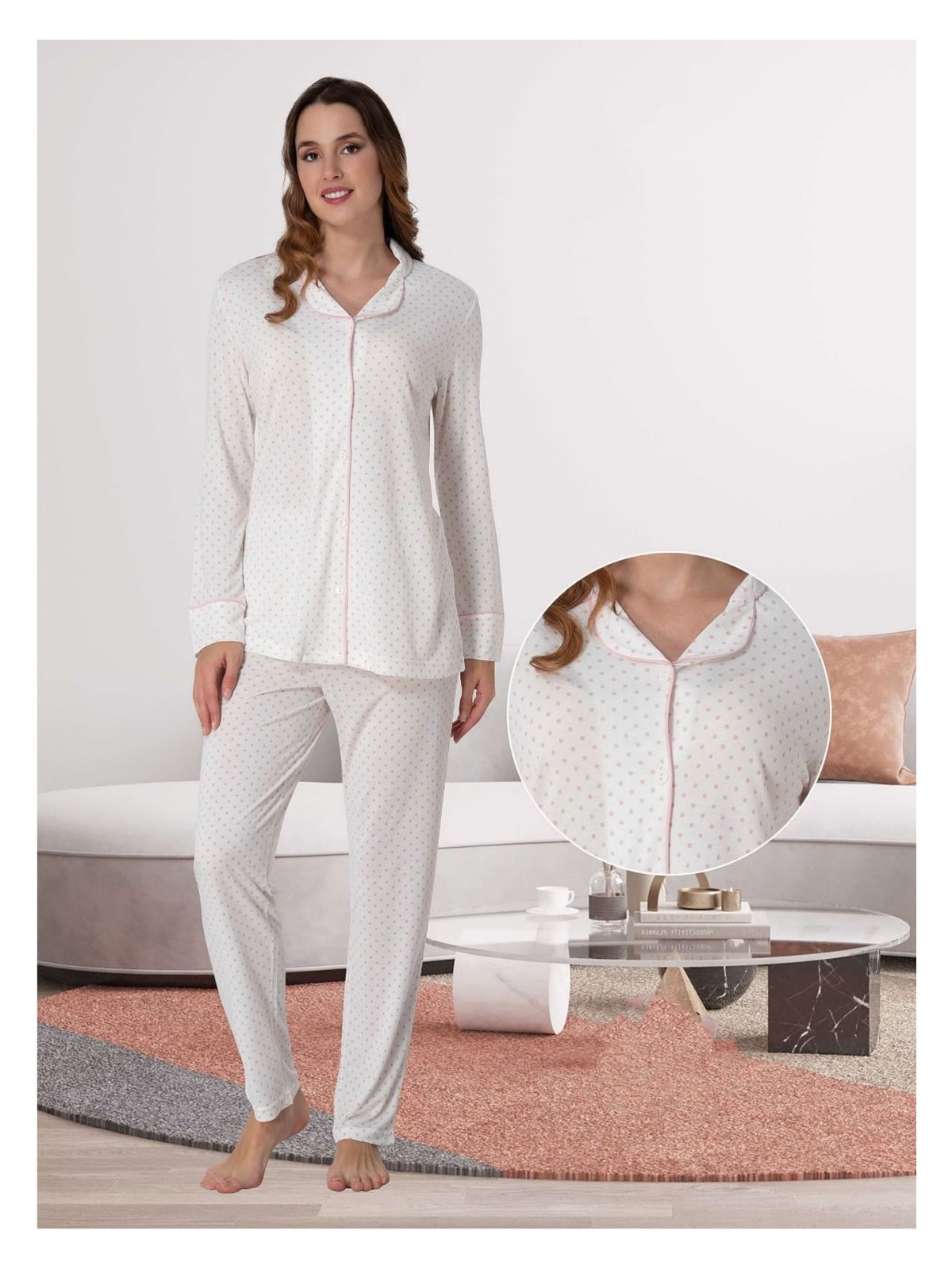 Effortt Dvina Effortt Lohusa Beyaz Puantiyeli Pijama Takımı Lacivert - 6018 - Görsel 4