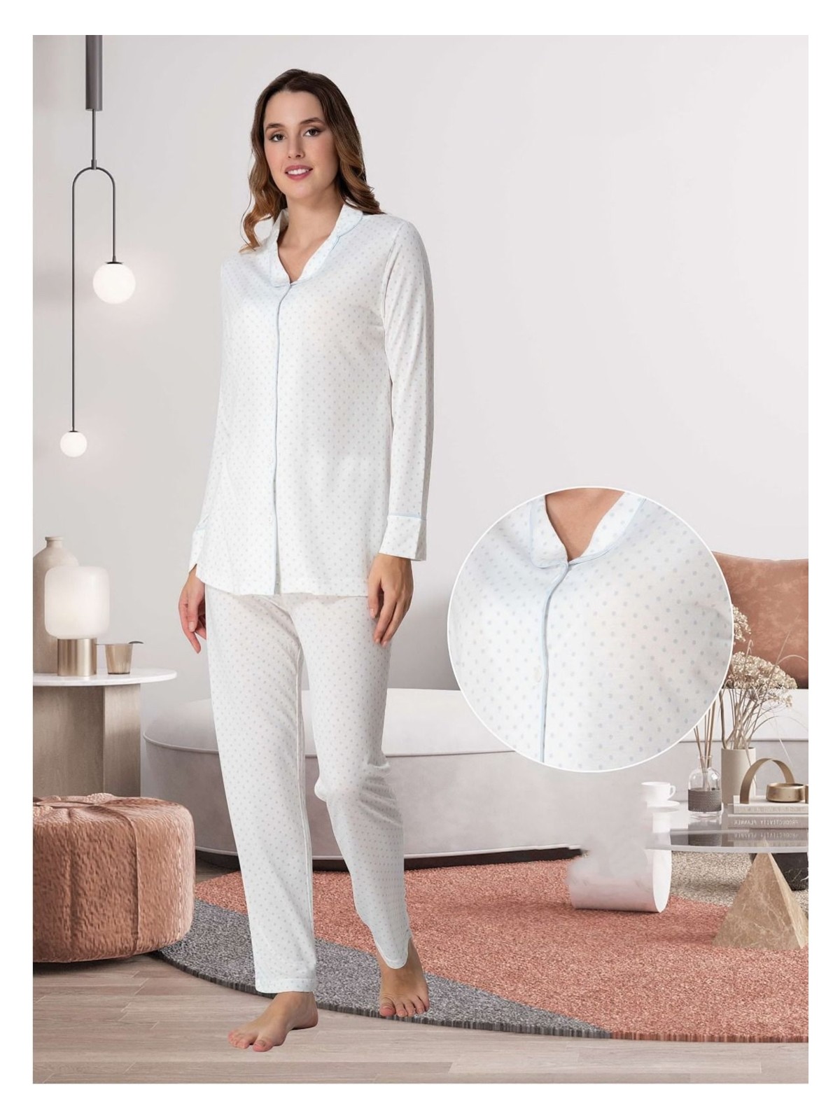 Effortt Dvina Effortt Lohusa Beyaz Puantiyeli Pijama Takımı Lacivert - 6018 - Görsel 6
