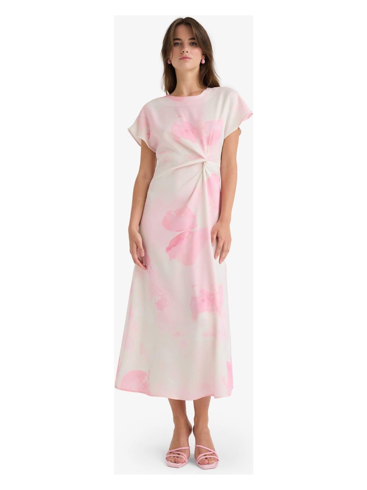 DeFacto Bisiklet Yaka Batik Saten Kısa Kollu Midi Elbise F8015AX25AU