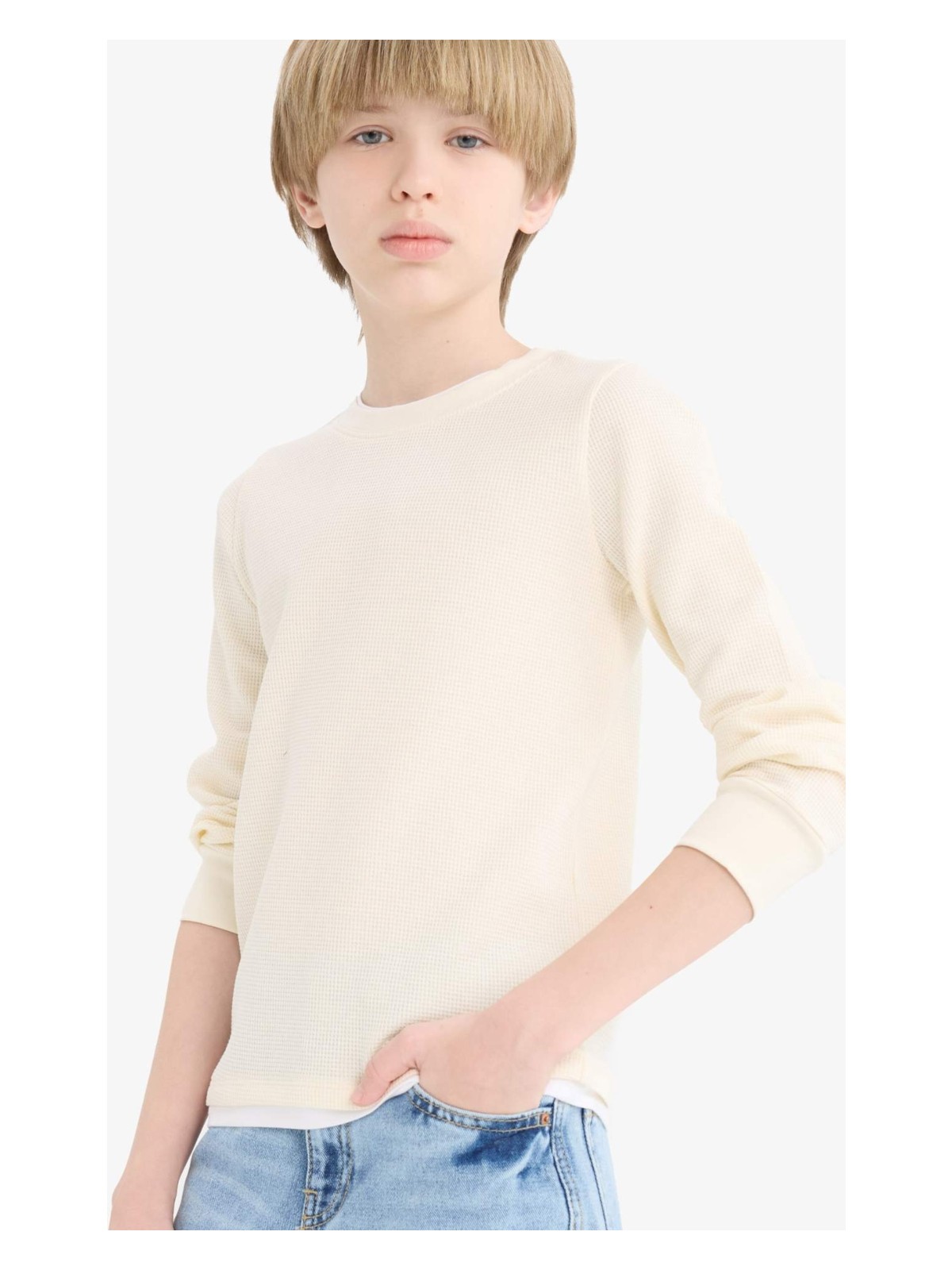 DeFacto Bisiklet Yaka Basic Düz Waffle Uzun Kollu Okul Tişörtü Erkek Çocuk V1186A625AU