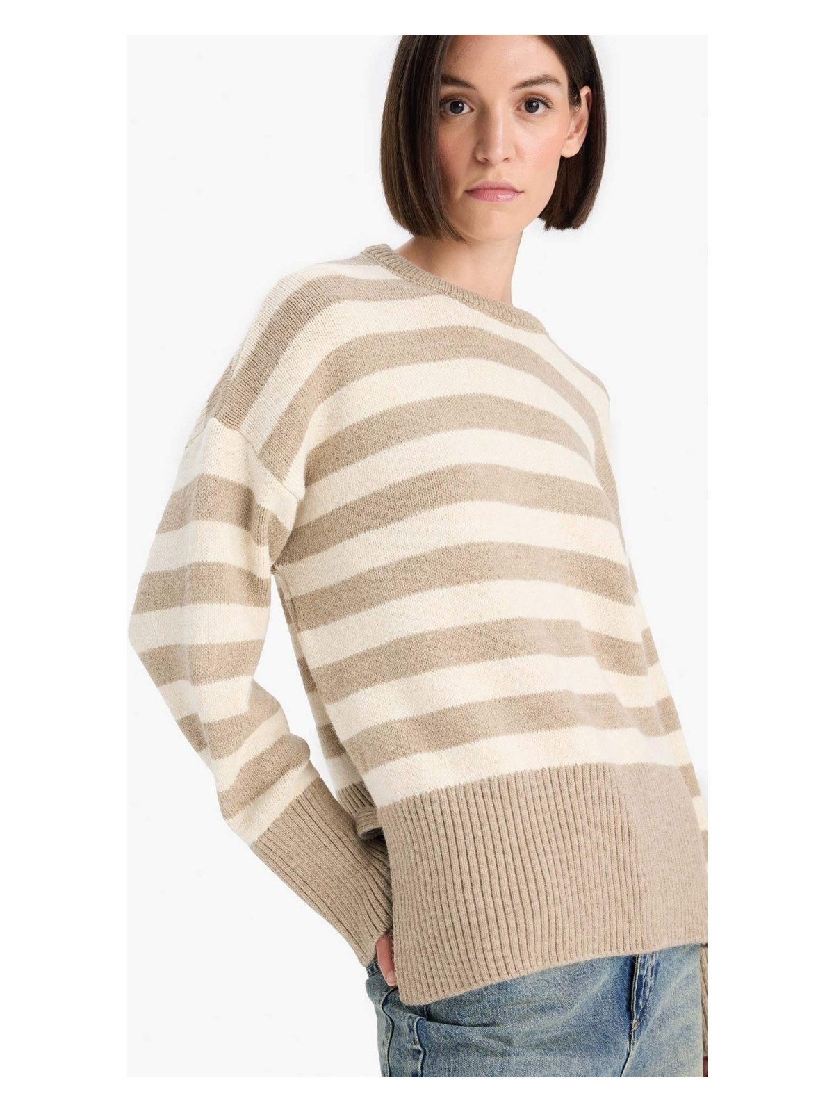 DeFacto Oversize Geniş Kalıp Bisiklet Yaka Çizgili Triko Kazak F3889AX25WN - Görsel 4