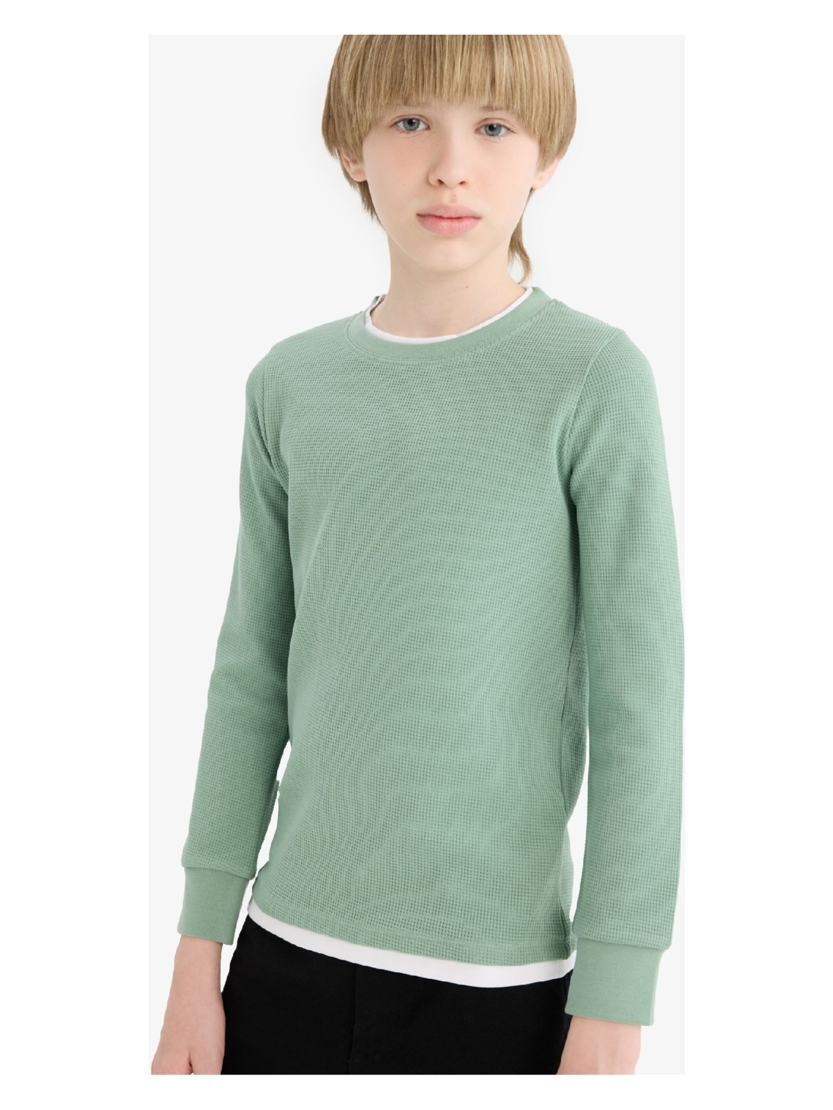 DeFacto Bisiklet Yaka Basic Düz Waffle Uzun Kollu Okul Tişörtü Erkek Çocuk V1186A625AU - Görsel 8