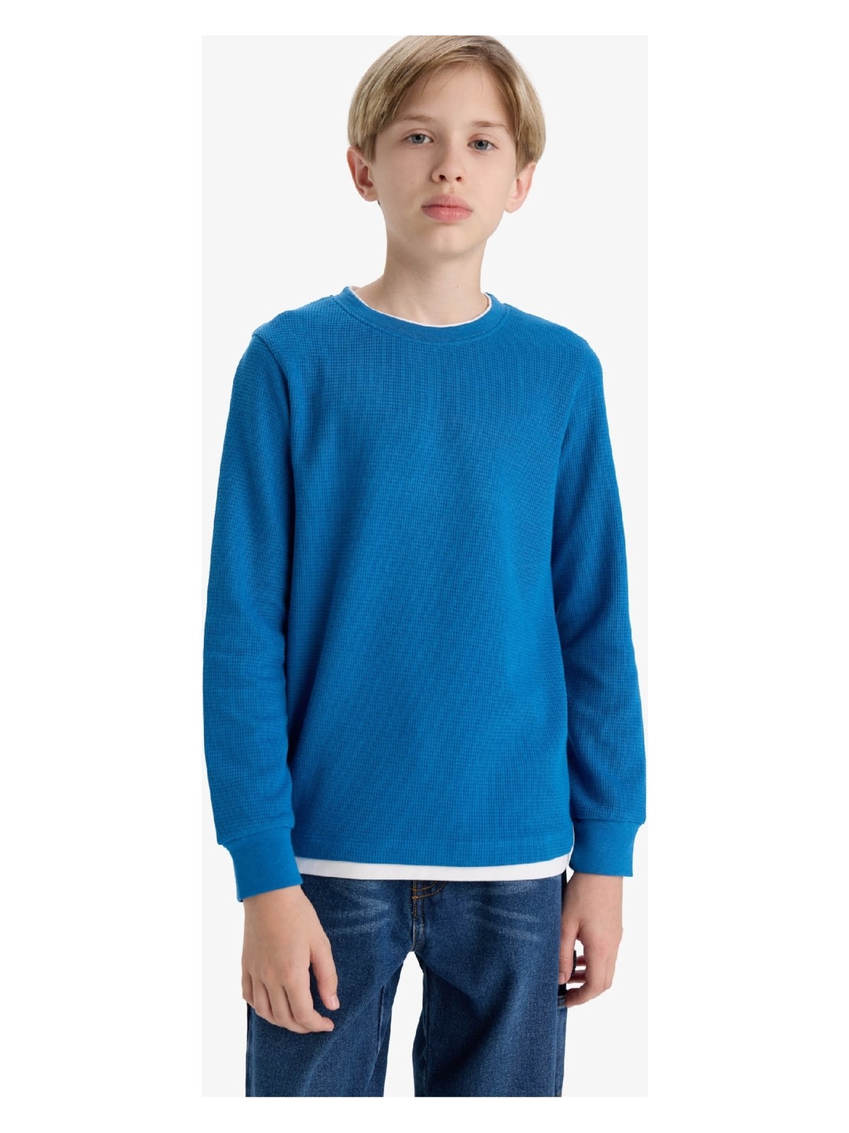 DeFacto Bisiklet Yaka Basic Düz Waffle Uzun Kollu Okul Tişörtü Erkek Çocuk V1186A625AU - Görsel 4