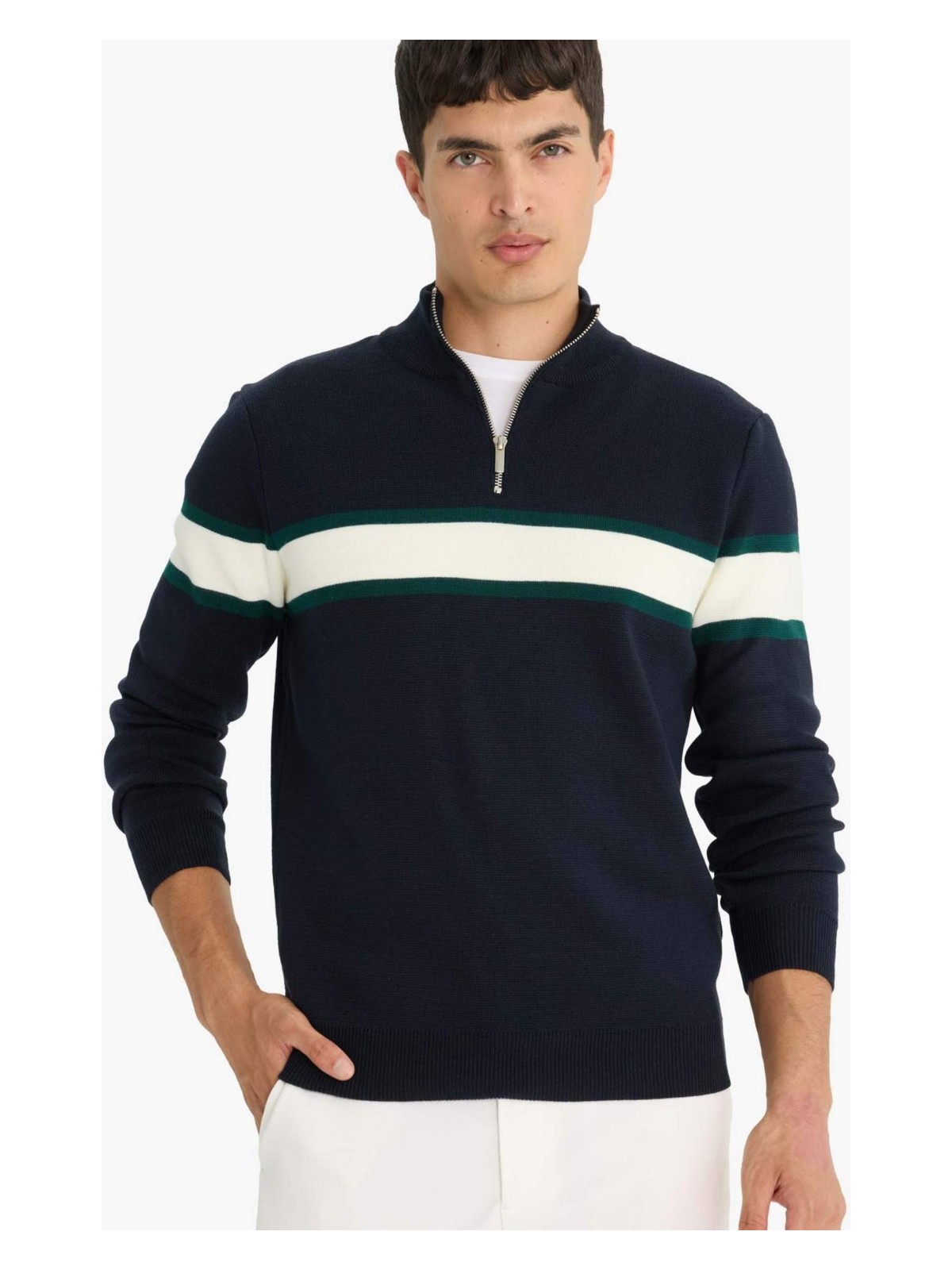 DeFacto Slim Fit Dar Kesim Dik Yaka Fermuarlı Renk Bloklu Triko Kazak Y4193AZ25WN - Görsel 3