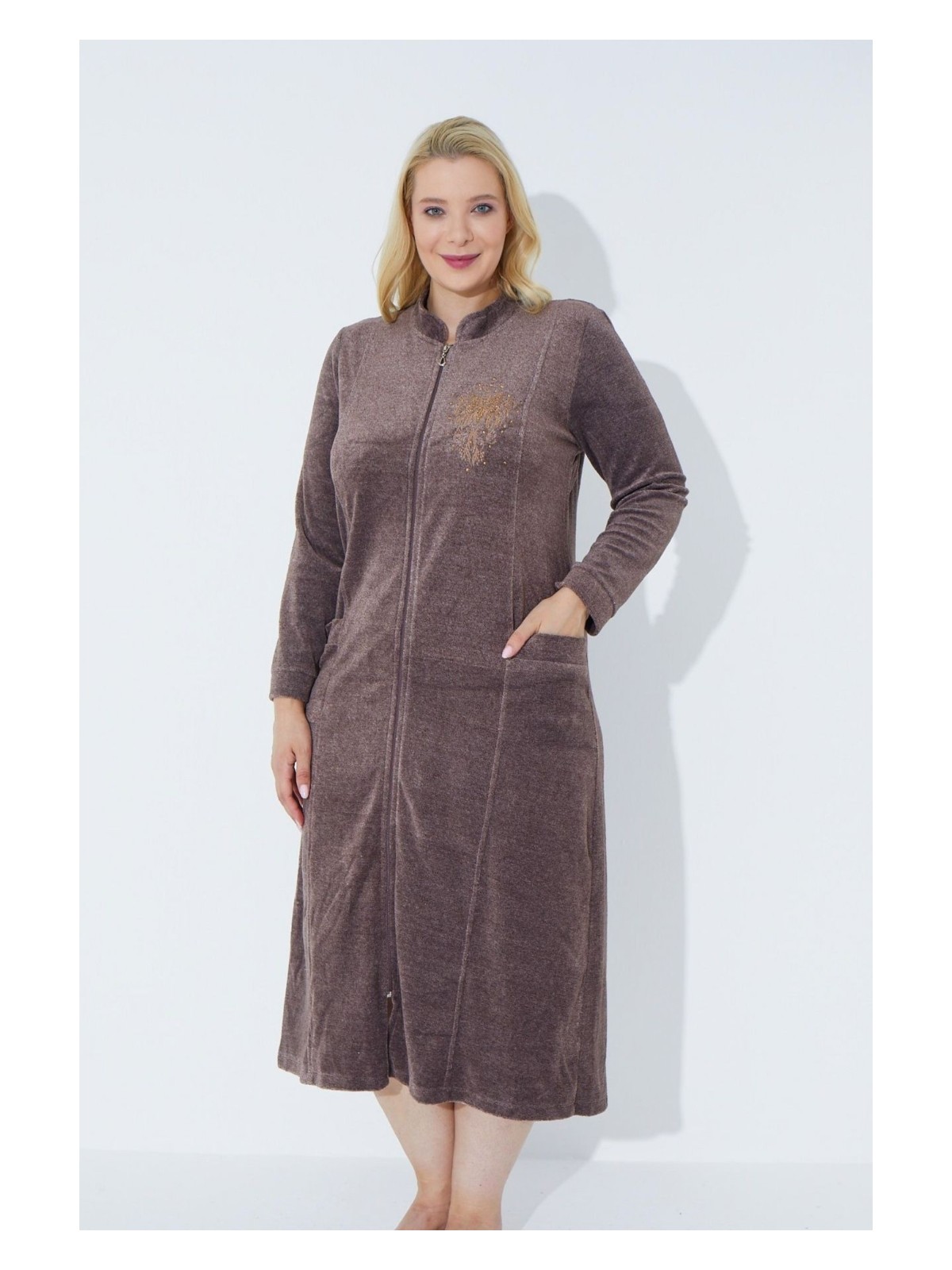 Intensive Collection Lacivert Uzun Kollu Fermuarlı Nakışlı Kadın Büyük Beden Pamuklu Kadife Elbise