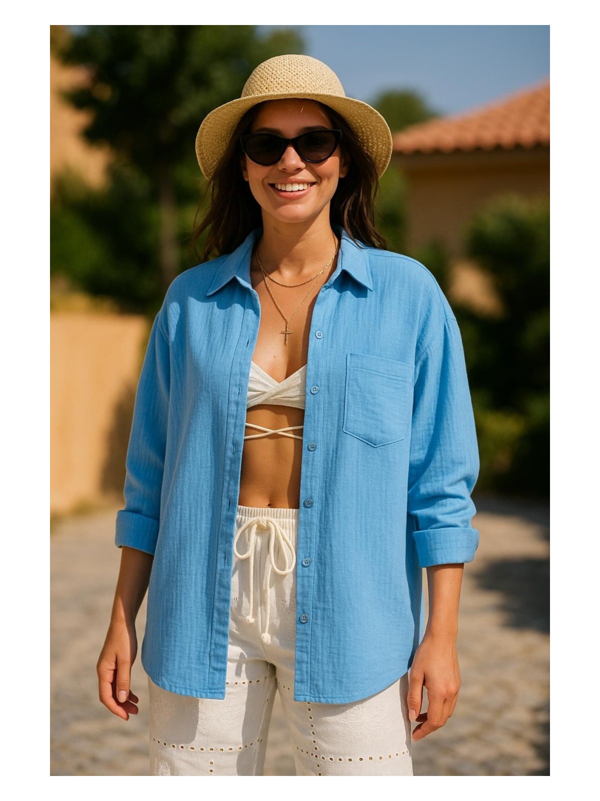 Hak Oversize Basic Düğmeli Müslin Gömlek - Görsel 4