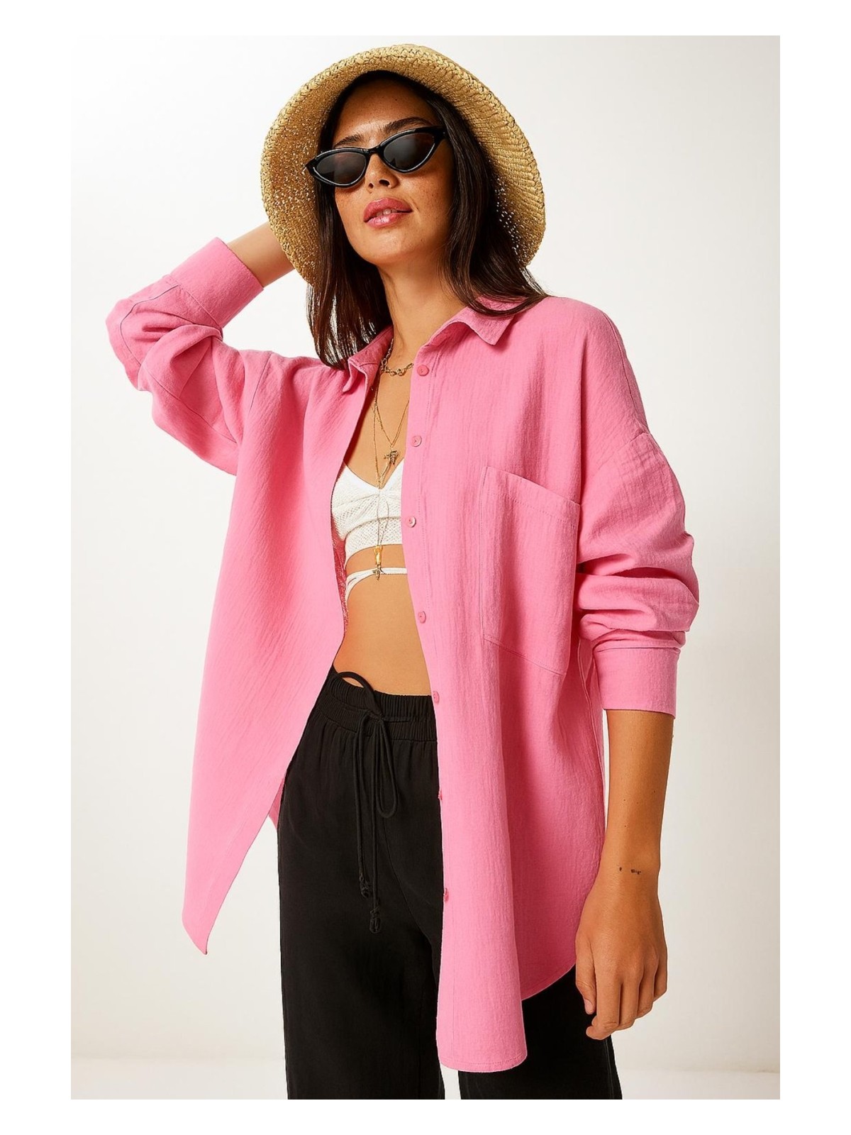 Hak Oversize Basic Düğmeli Müslin Gömlek - Görsel 3