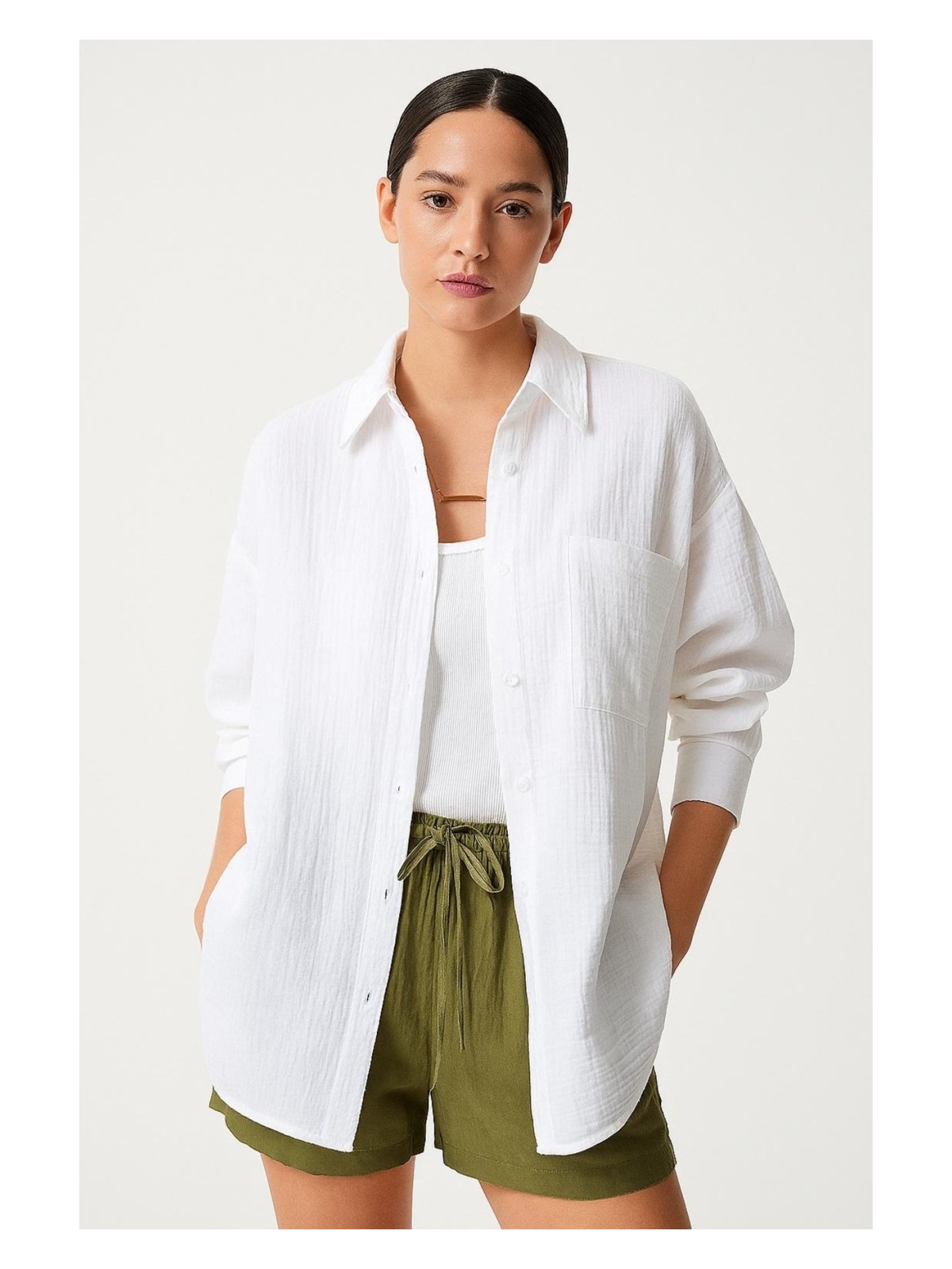 Hak Oversize Basic Düğmeli Müslin Gömlek