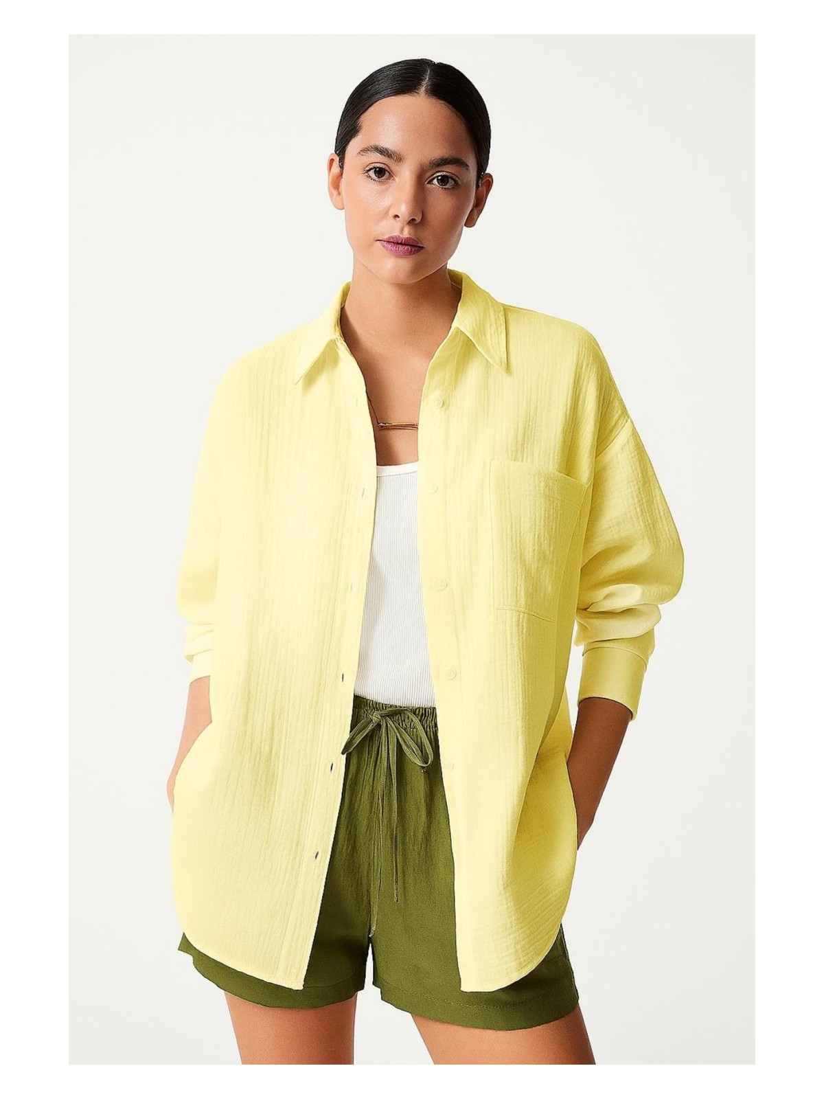 Hak Oversize Basic Düğmeli Müslin Gömlek - Görsel 7