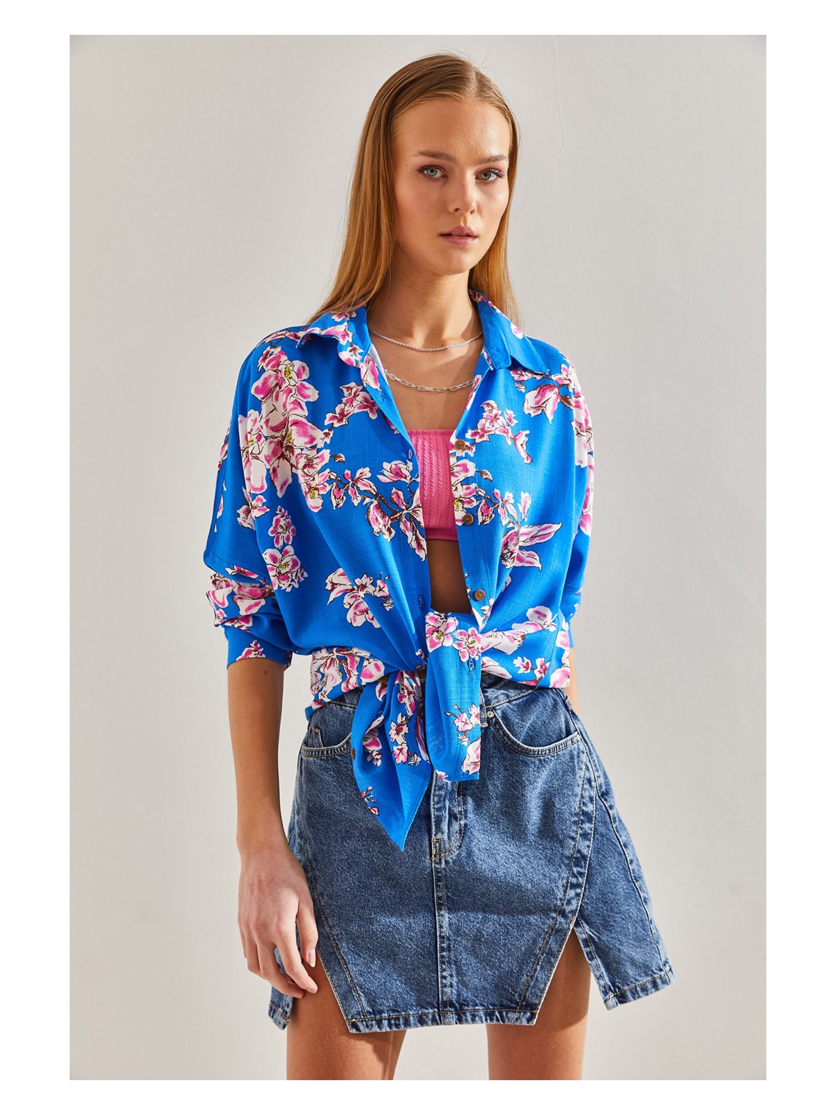 Shade Kadın Çiçek Desenli Salaş Keten Gömlek - Görsel 4