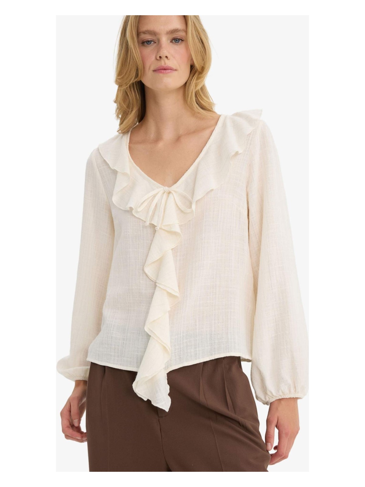 DeFacto Regular Fit V Yaka Volanlı Pamuklu Uzun Kollu Bluz F9895AX25AU