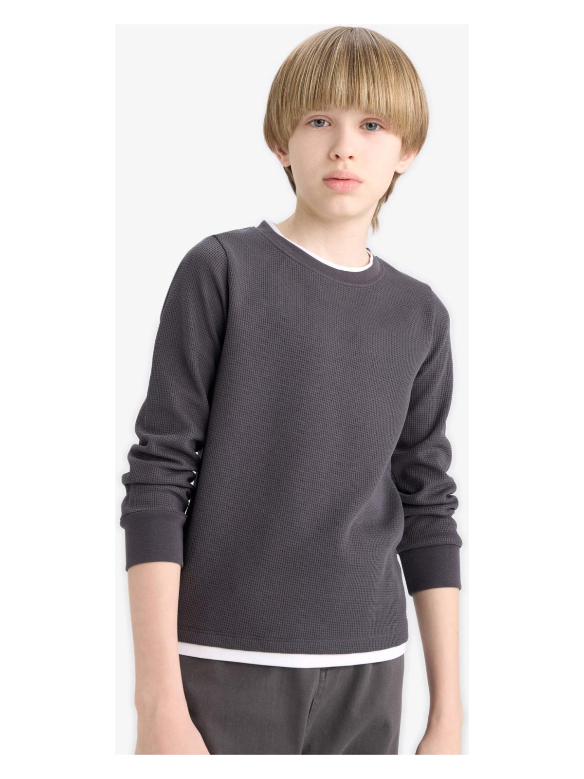 DeFacto Bisiklet Yaka Basic Düz Waffle Uzun Kollu Okul Tişörtü Erkek Çocuk V1186A625AU - Görsel 5