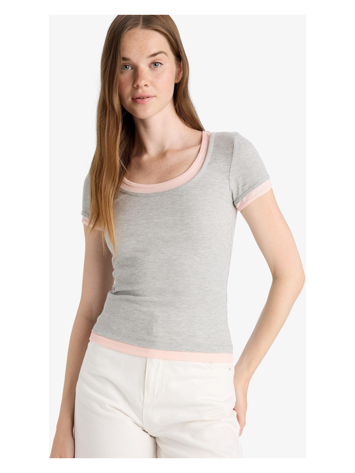 DeFacto U Yaka Fitilli Kaşkorse Kısa Kollu Tişört F8743AX25AU