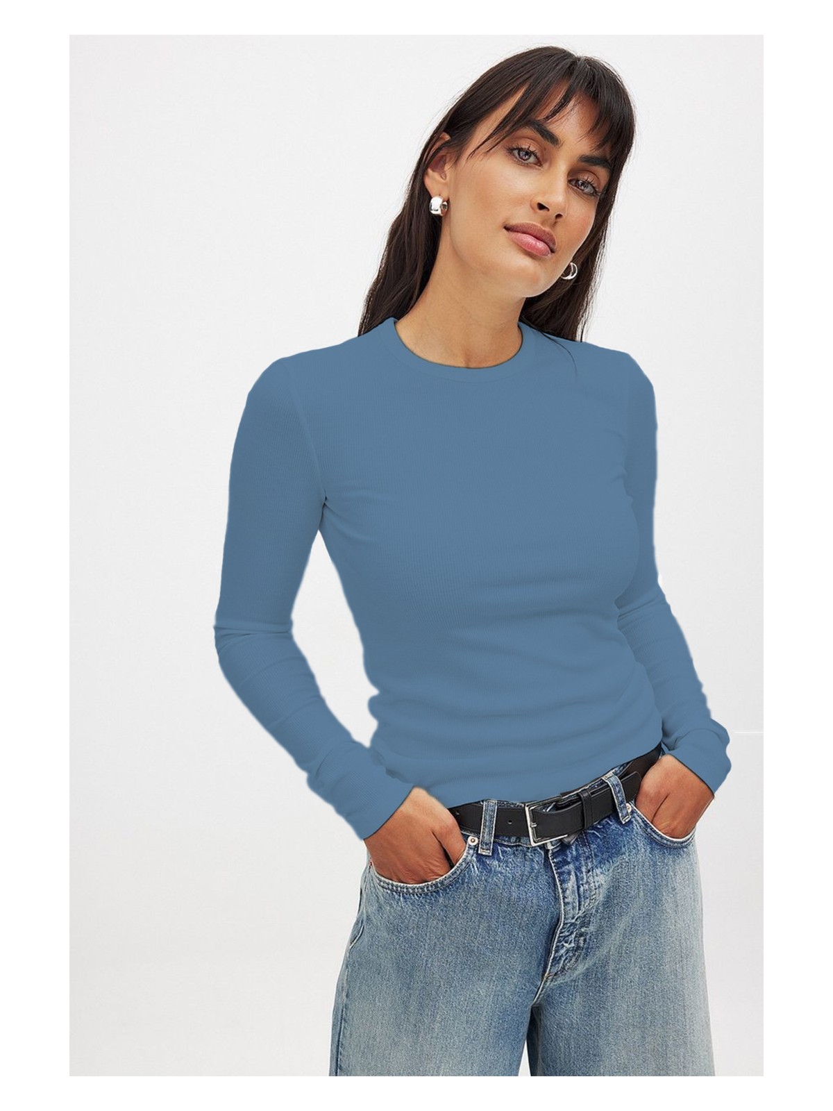 CHEISU Kadın Beyaz Uzun Kollu Bisiklet Yaka T-shirt Bluz Kaşkorse Fitilli - Görsel 5