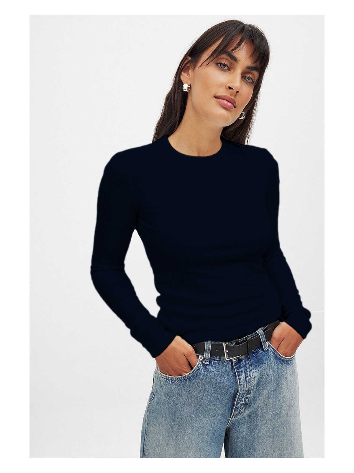 CHEISU Kadın Beyaz Uzun Kollu Bisiklet Yaka T-shirt Bluz Kaşkorse Fitilli - Görsel 6