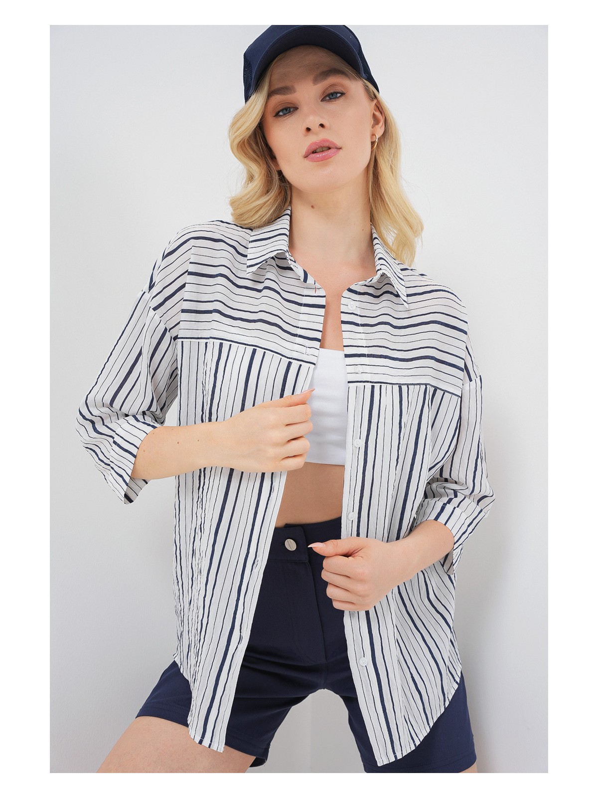 Bigdart Kadın Çizgili Kısa Kol Gömlek 20344 - Mavi - Görsel 6