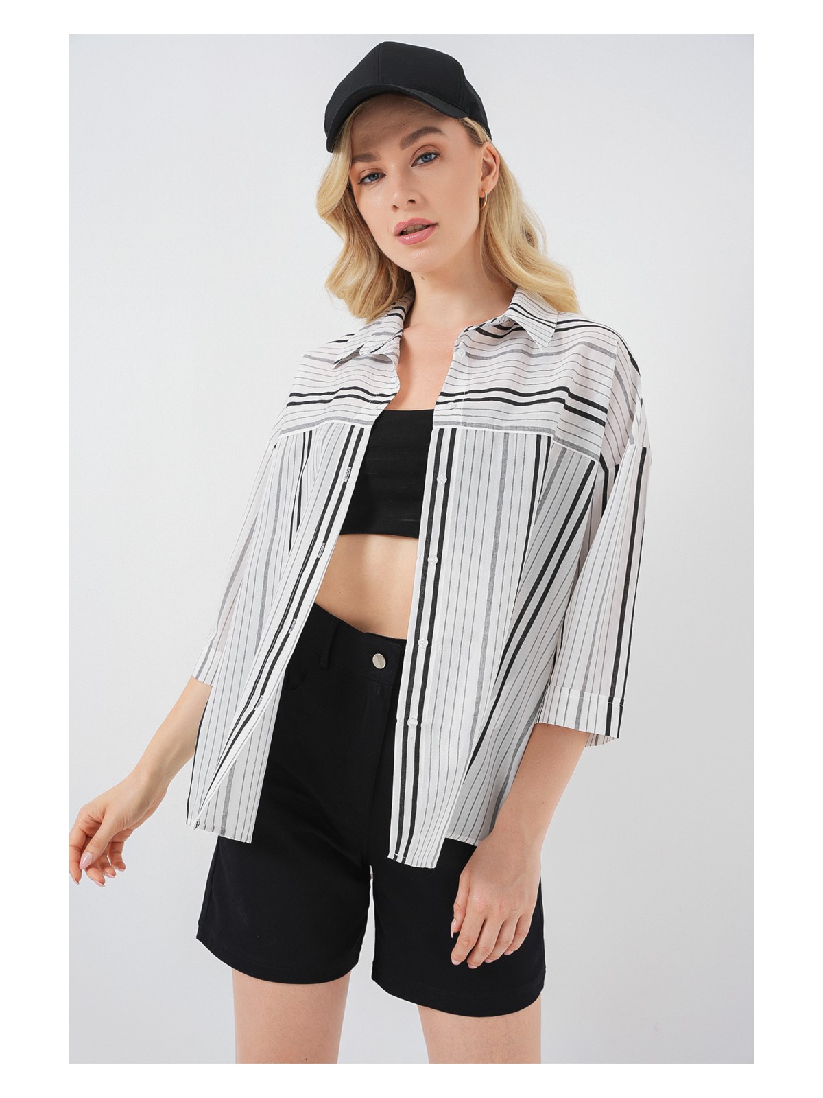 Bigdart Kadın Çizgili Kısa Kol Gömlek 20344 - Mavi - Görsel 7