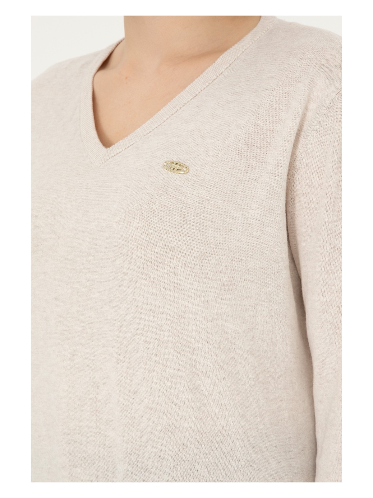 U.S. Polo Assn. Kadın Krem Melanj V Yaka Basic Kazak 50288973-VR159 - Görsel 7