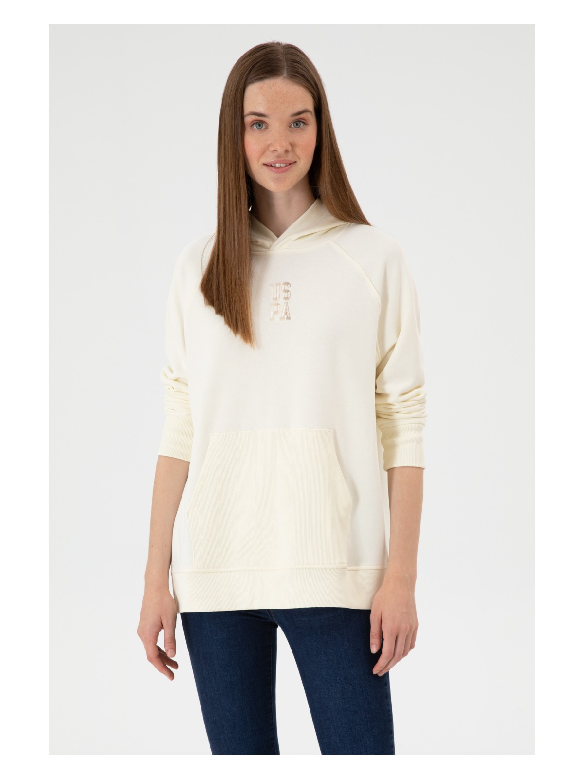 U.S. Polo Assn. Kadın Krem Yırtmaçlı Kapüşonlu Sweatshırt 50313611-VR256