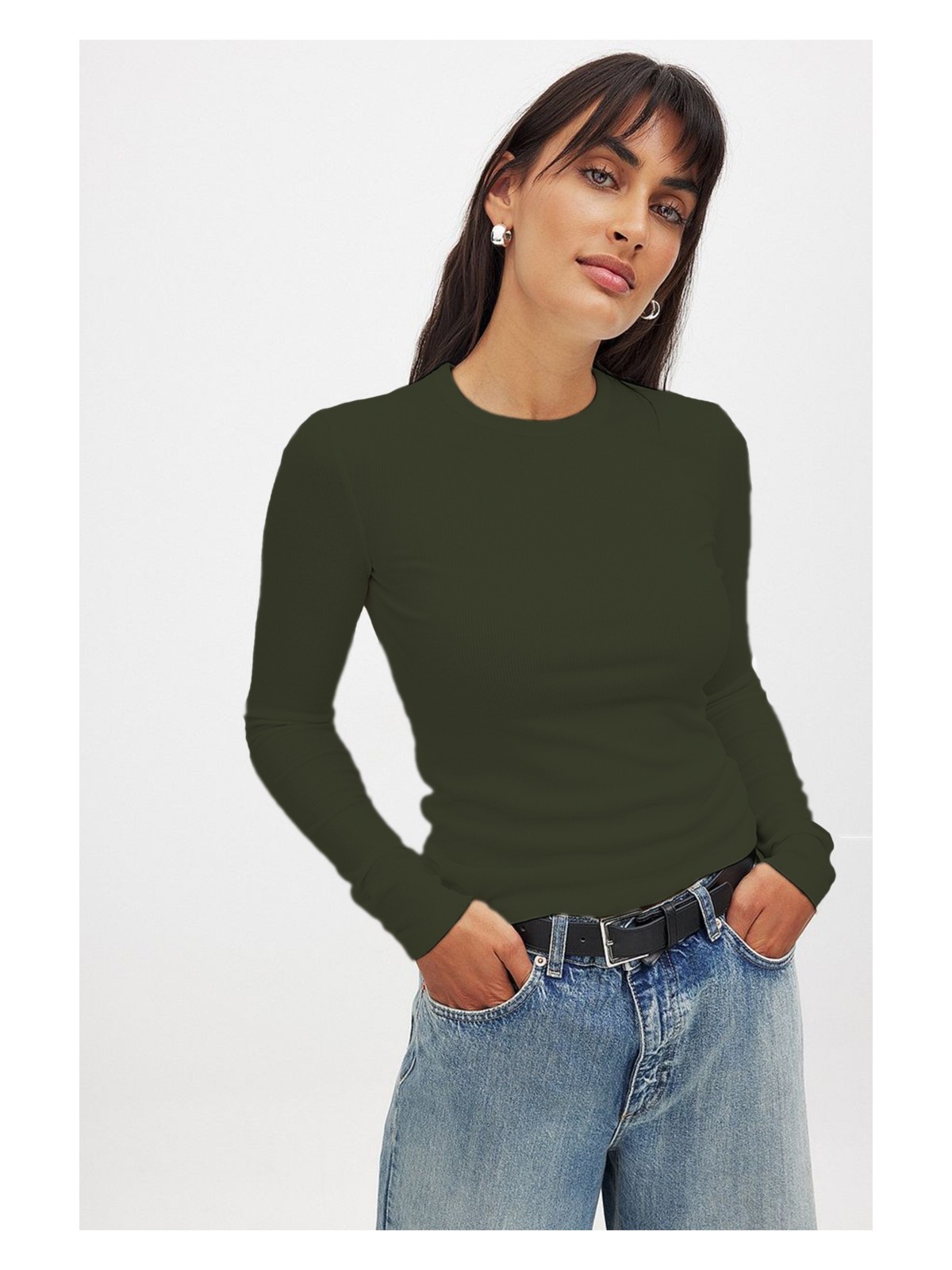 CHEISU Kadın Beyaz Uzun Kollu Bisiklet Yaka T-shirt Bluz Kaşkorse Fitilli - Görsel 8