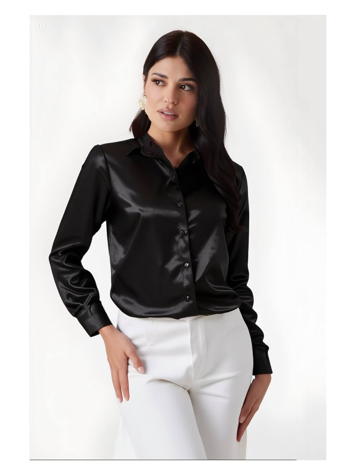 Hazelin Kadın Siyah Hafif Dökümlü Saten Yüzeyli Gömlek HZL22W-BD139641