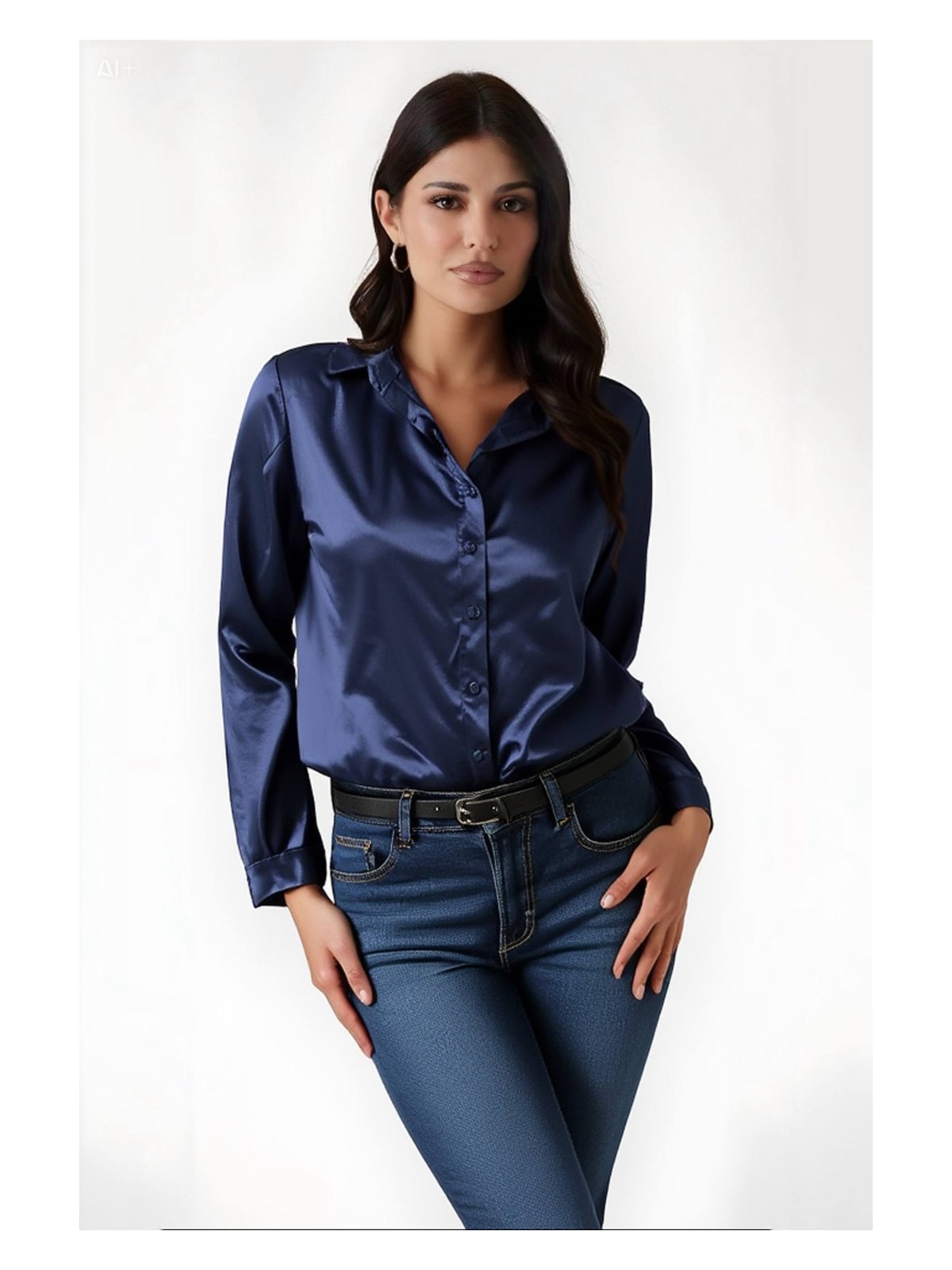 Hazelin Kadın Lacivert Hafif Dökümlü Saten Yüzeyli Gömlek HZL22W-BD139641