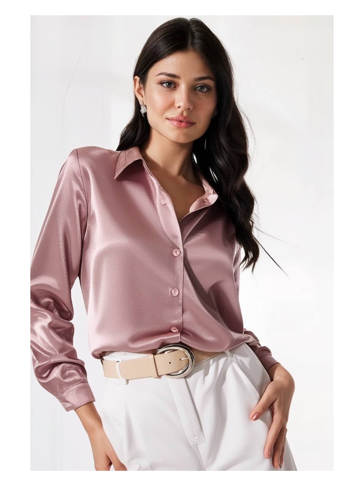 Hazelin Kadın Gül Kurusu Hafif Dökümlü Saten Yüzeyli Gömlek HZL22W-BD139641