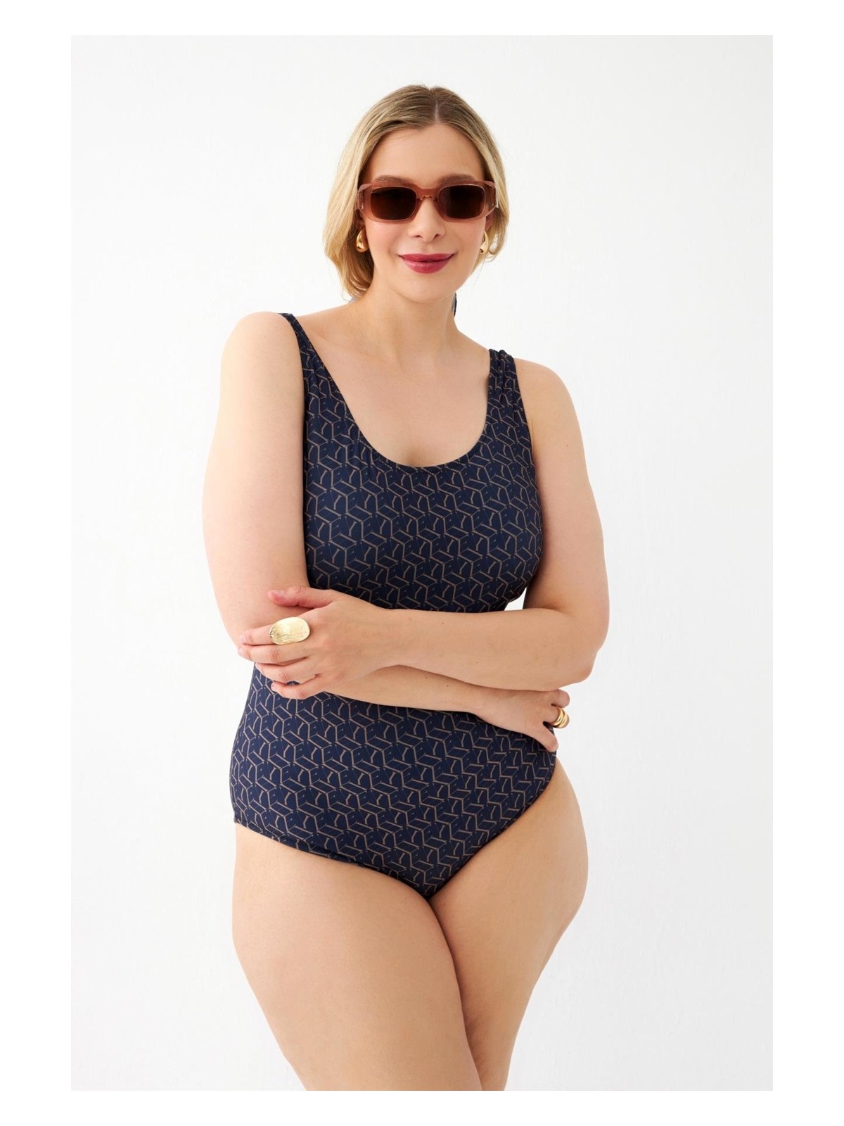 Akbeniz Kadın Lacivert Geometrik Desenli Büyük Beden Tek Parça Mayo