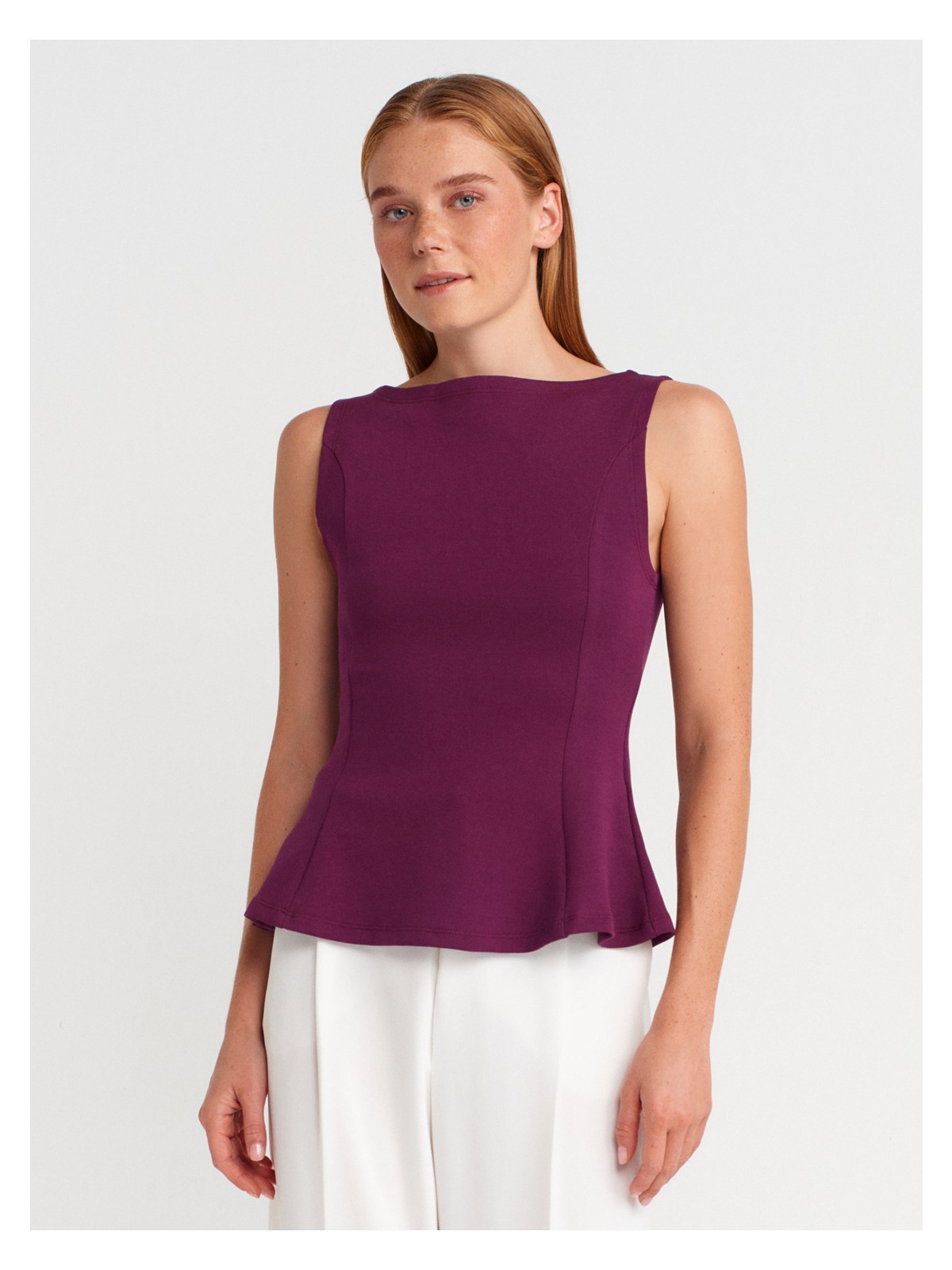 Dilvin 21001 Kayık Yaka Peplum Top-Mor