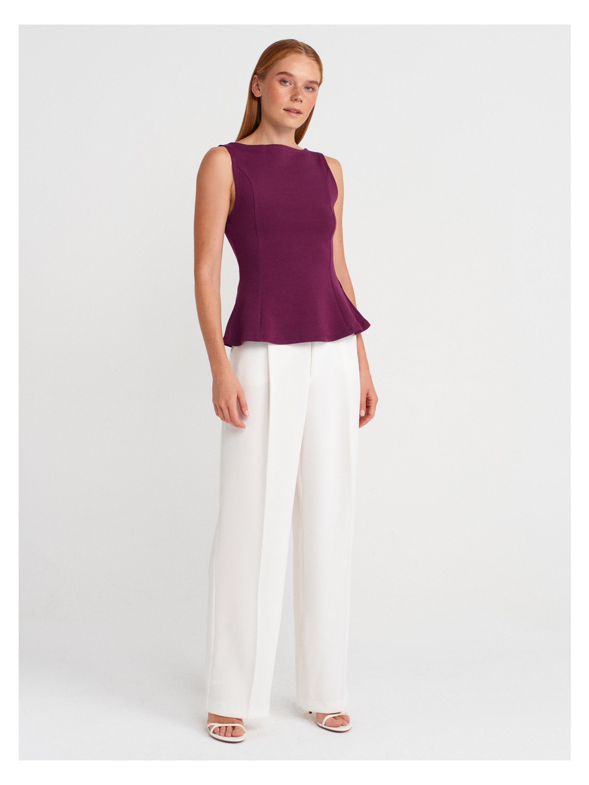 Dilvin 21001 Kayık Yaka Peplum Top-Mor - Görsel 4