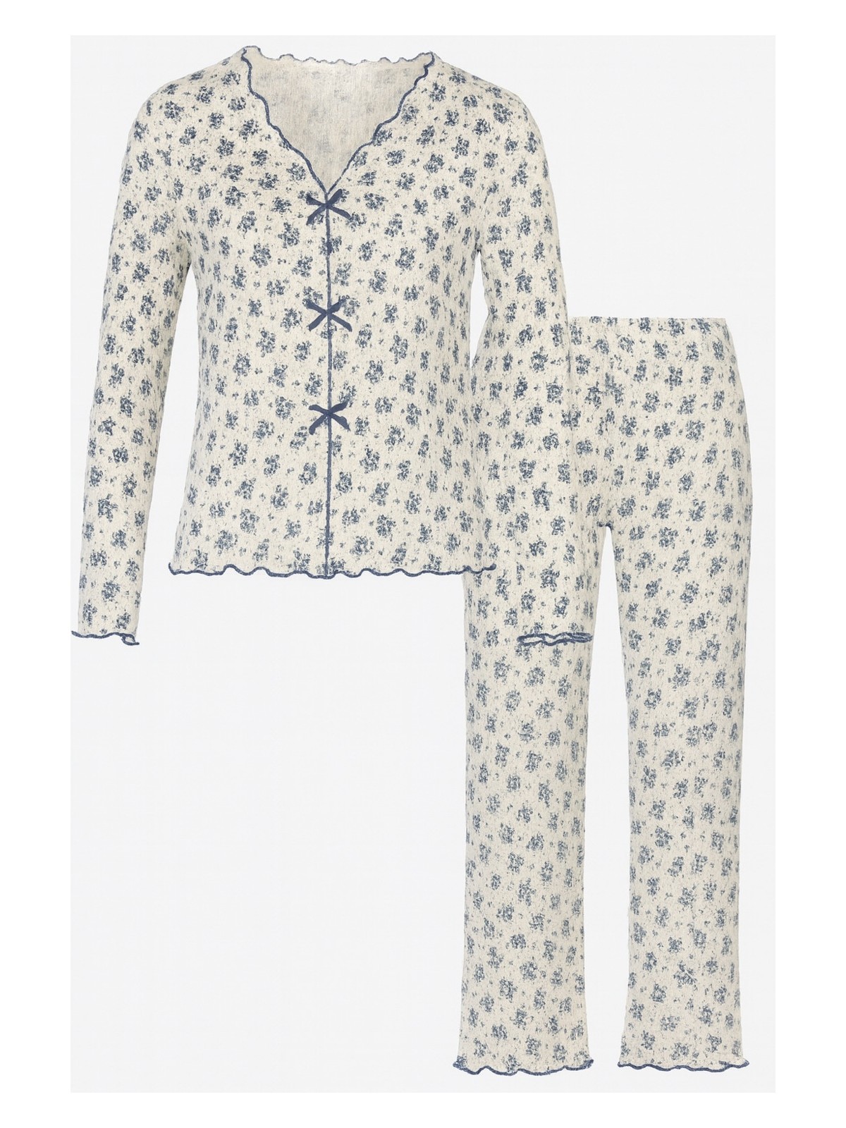 Koza İç Giyim Kadın Pamuklu Çıtır Çiçek Desenli Baby Overloklu Fiyonklu Uzun Kollu Pijama Takımı - Görsel 5