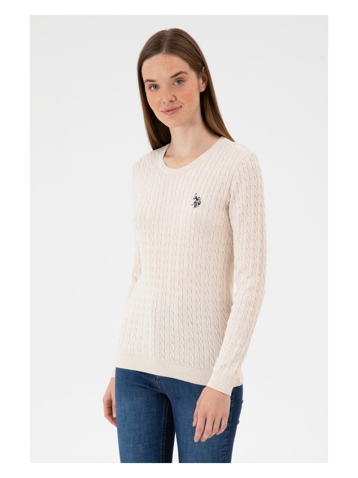 U.S. Polo Assn. Kadın Krem Melanj Bisiklet Yaka Basic Kazak 50313626-VR159