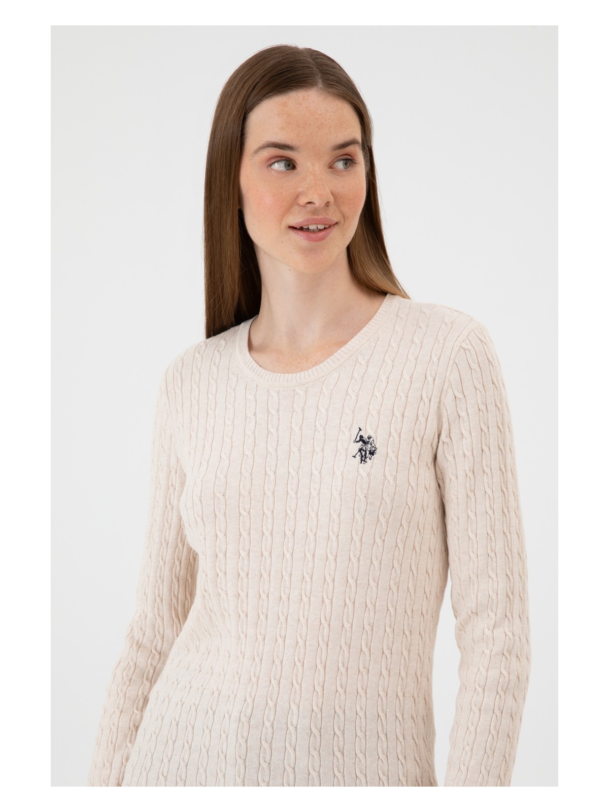 U.S. Polo Assn. Kadın Krem Melanj Bisiklet Yaka Basic Kazak 50313626-VR159 - Görsel 2