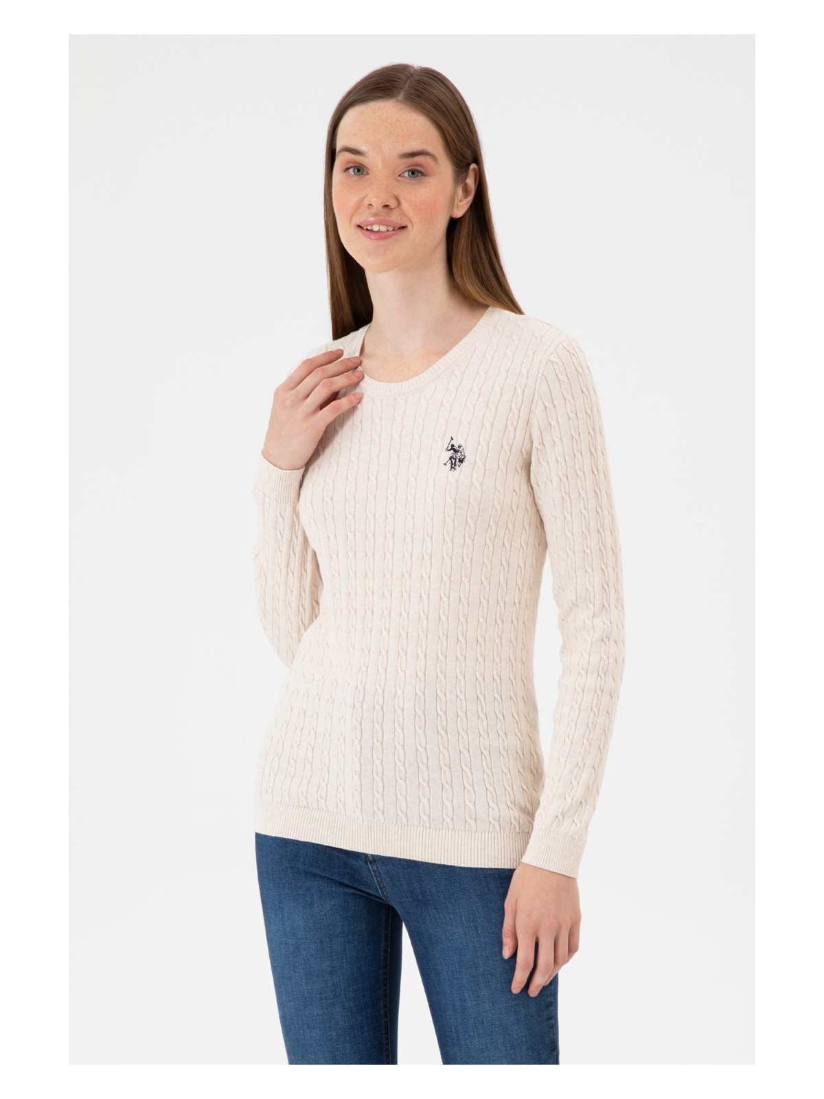 U.S. Polo Assn. Kadın Krem Melanj Bisiklet Yaka Basic Kazak 50313626-VR159 - Görsel 3