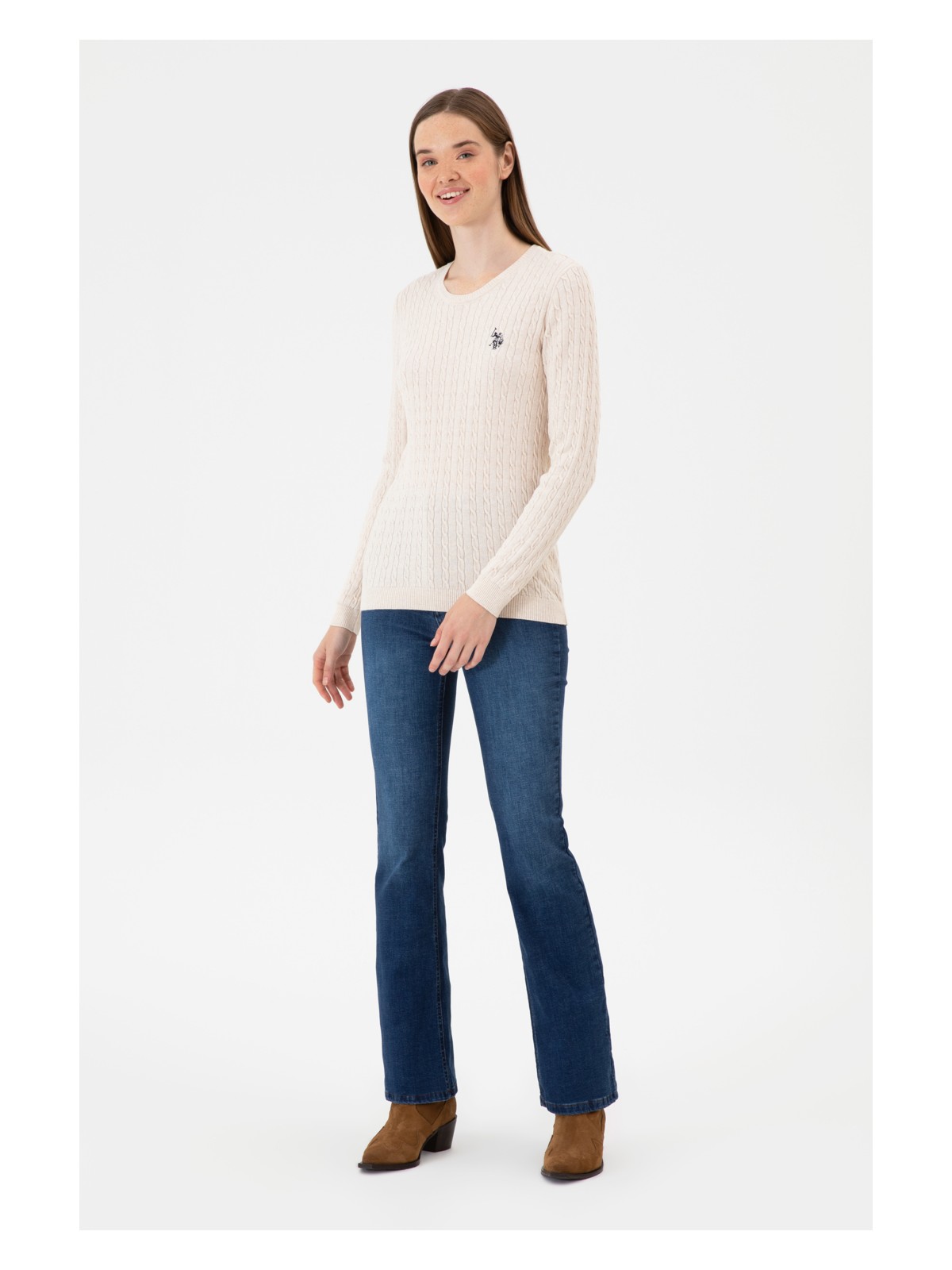 U.S. Polo Assn. Kadın Krem Melanj Bisiklet Yaka Basic Kazak 50313626-VR159 - Görsel 4