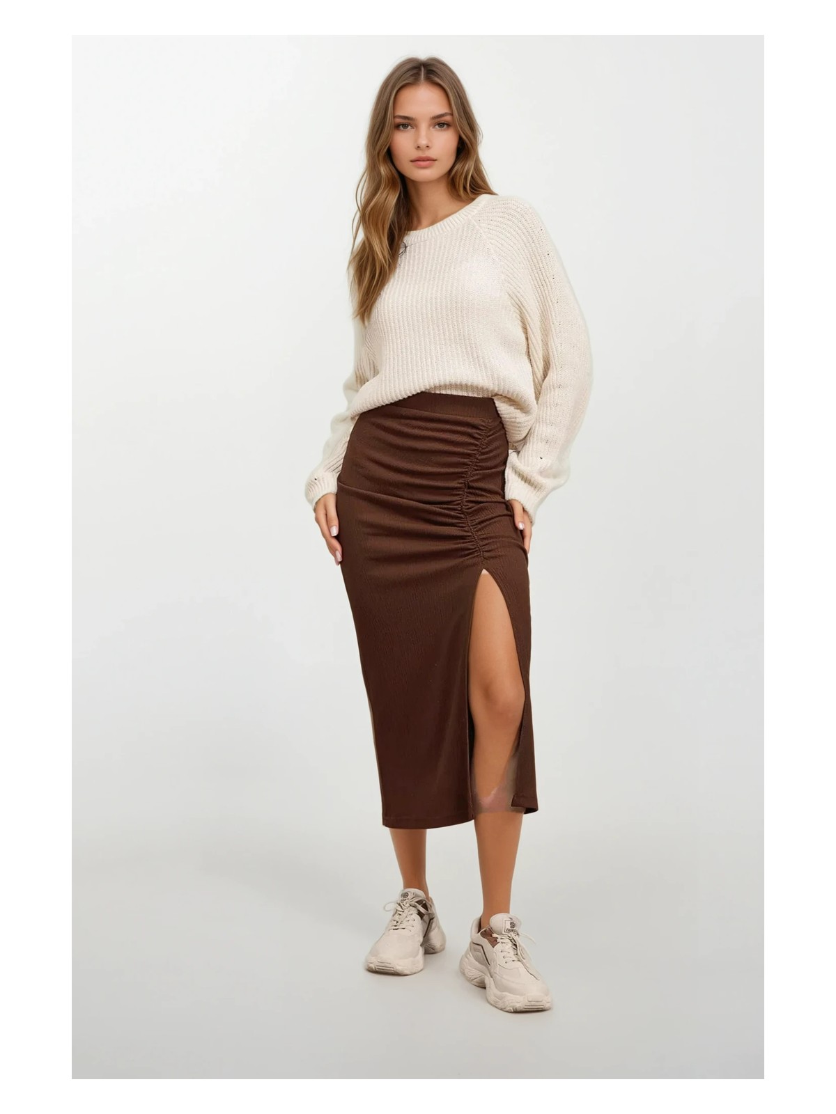 Hazelin Kadın Kahverengi Yırtmaçlı Uzun Etek HZL22S-BD118801