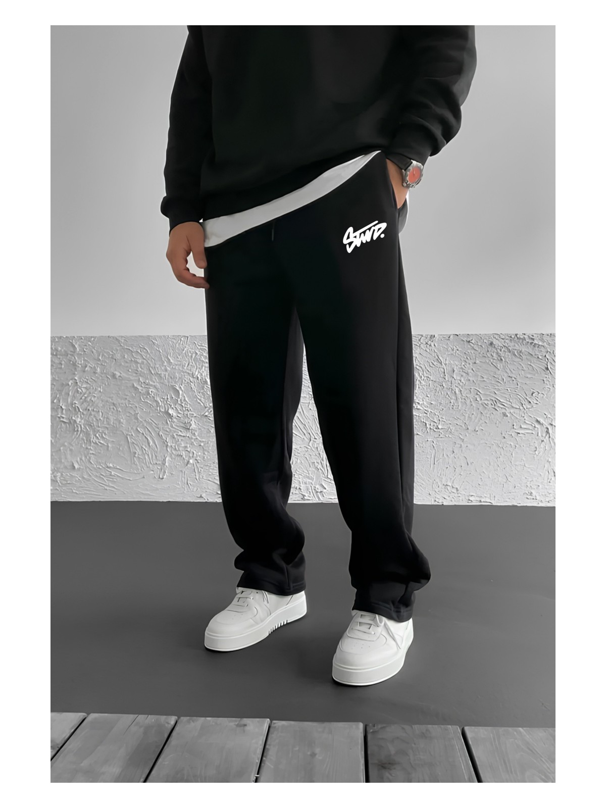 The Rule Stwd Baskılı Baggy Siyah Yazlık 3 Iplik Bol Kesim Düz Paça Mevsimlik Eşofman Altı RF0541