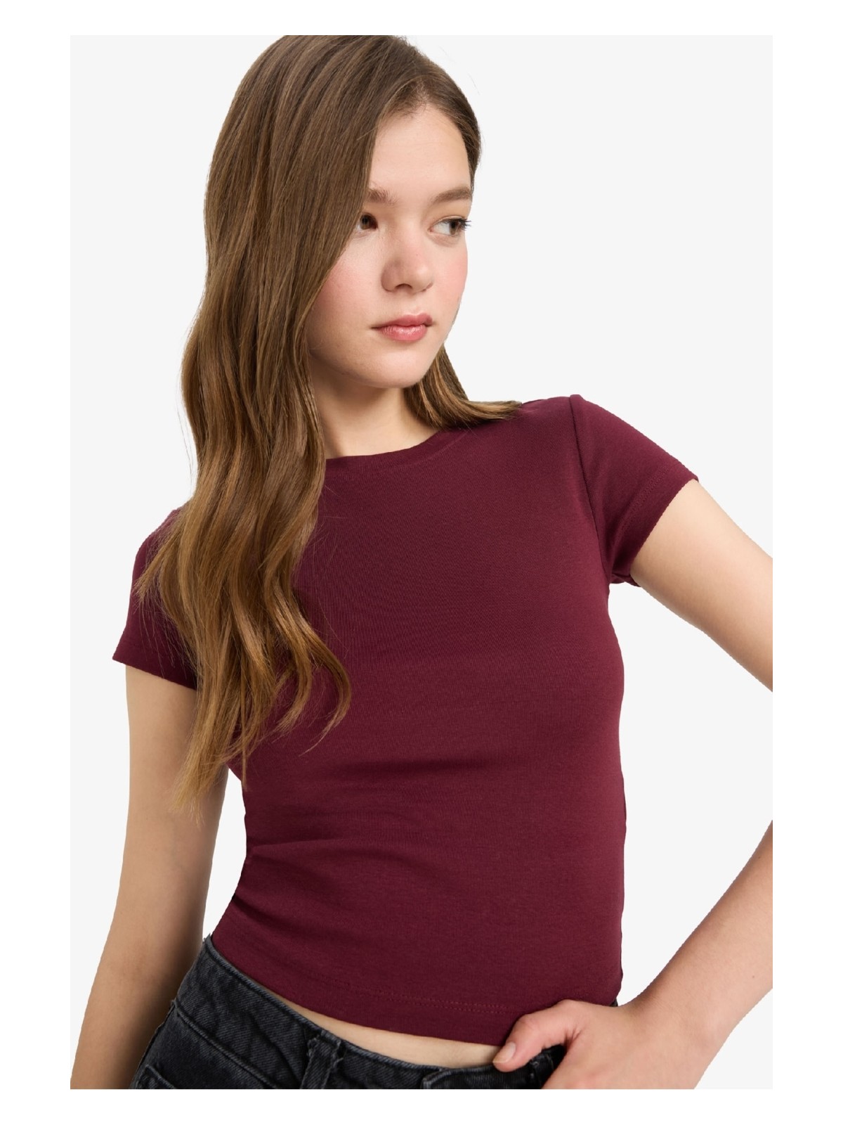 DeFacto Fitted Bisiklet Yaka Ribana Kısa Kollu Tişört E0288AX25AU - Görsel 4