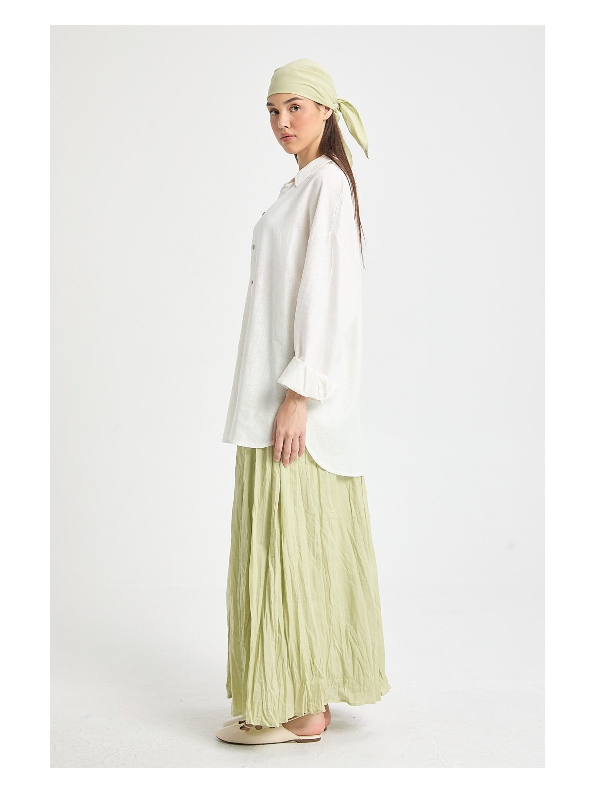 Minaaise Kadın Camel Vual Kumaş Kırışık Uzun Astarlı Etek 29062 - Görsel 6