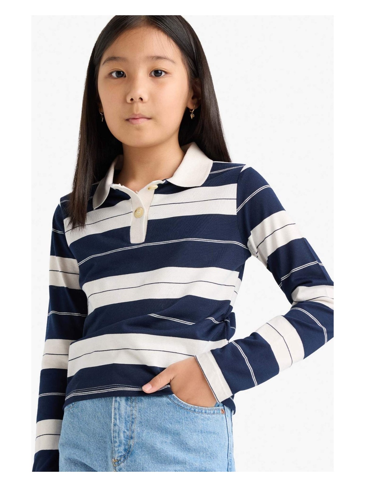 DeFacto Fitted Polo Yaka Çizgili Uzun Kollu Tişört Kız Çocuk F2253A825AU