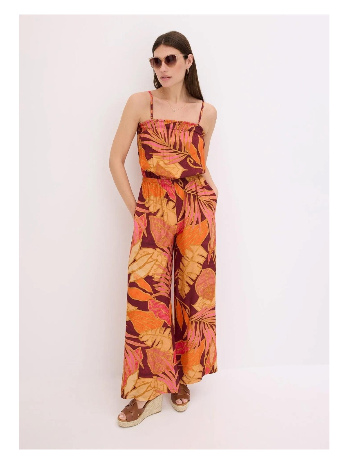 Şans Kadın Büyük Beden Oranj Desenli Viskon Tulum 65N38985 Kolsuz Çıkarılabilir İp Askılı