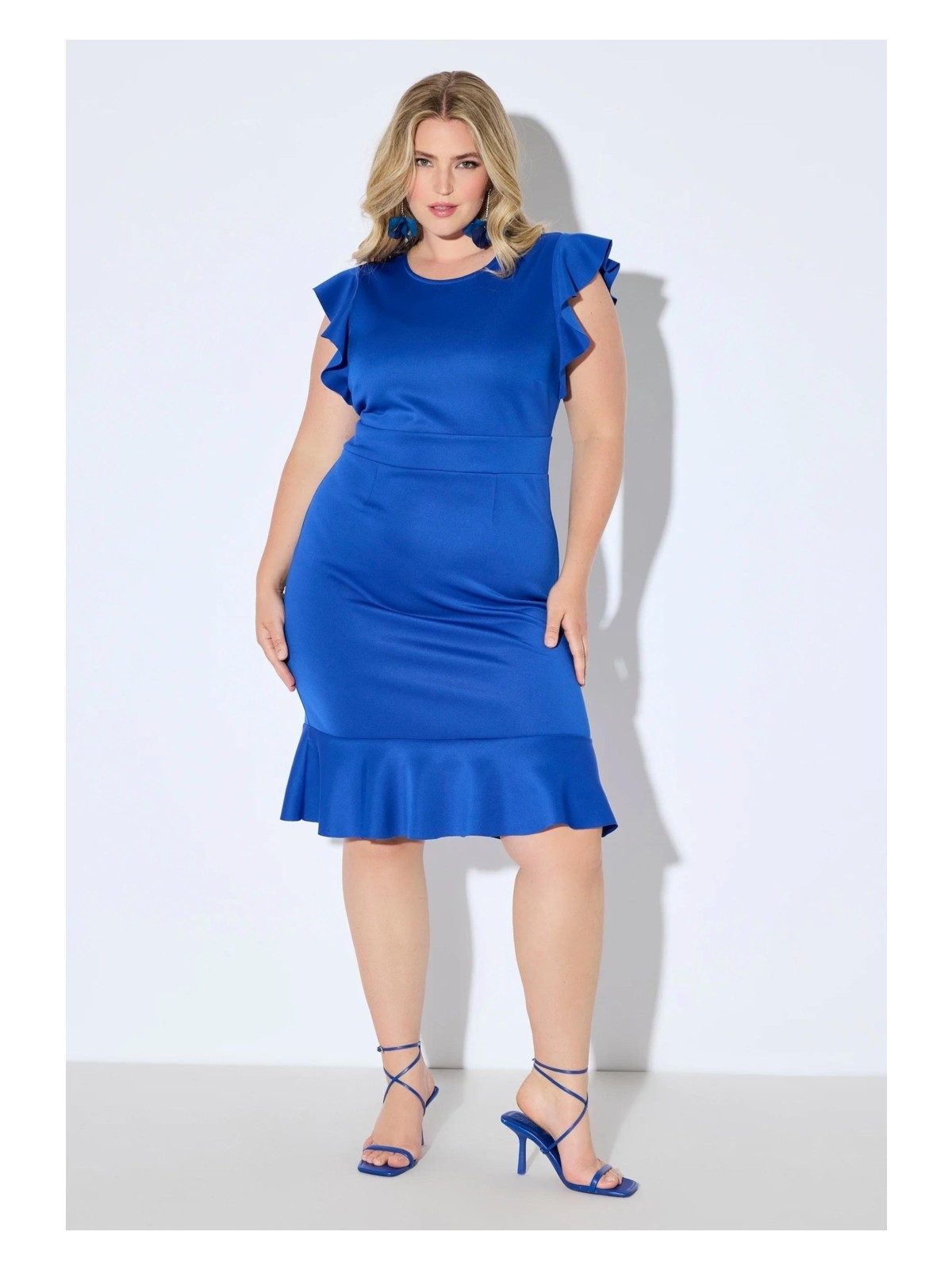 Şans Kadın Büyük Beden Kırmızı, Scuba Kumaş, Volanlı Kısa Kollu Elbise 65N39047 - Görsel 4