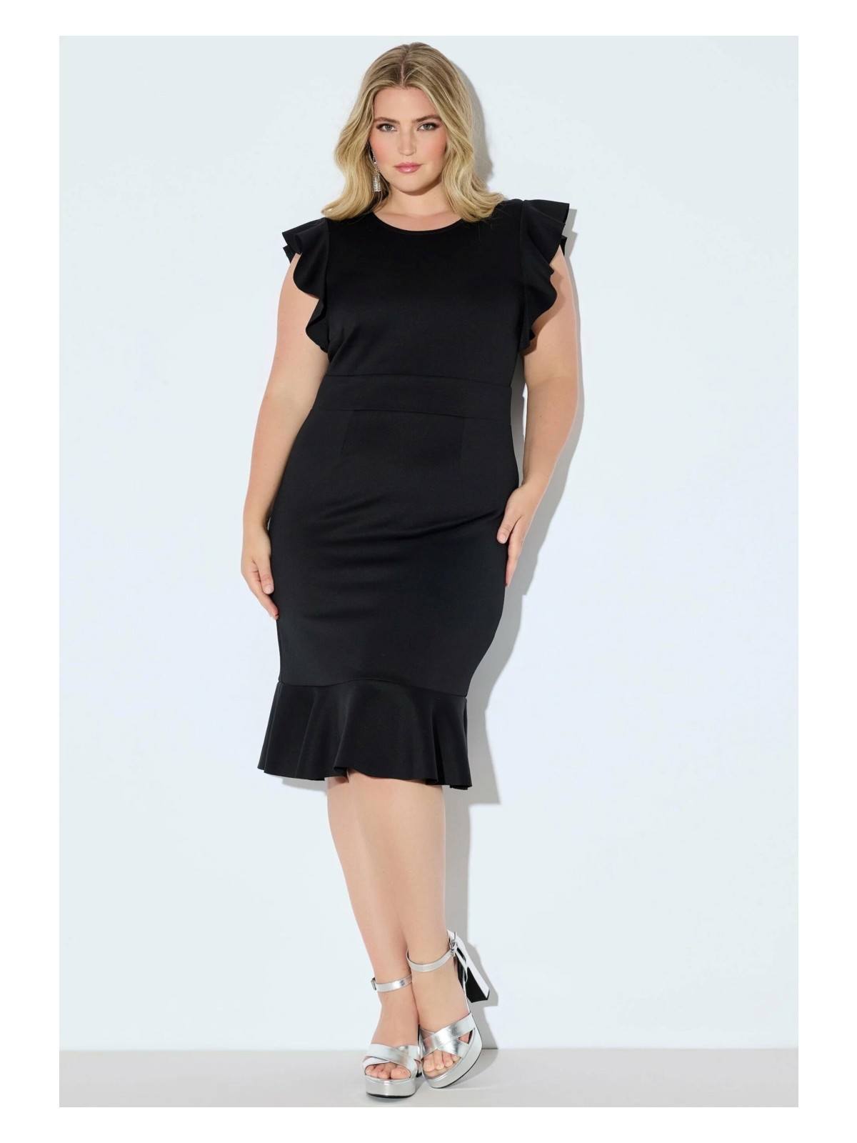 Şans Kadın Büyük Beden Kırmızı, Scuba Kumaş, Volanlı Kısa Kollu Elbise 65N39047 - Görsel 5