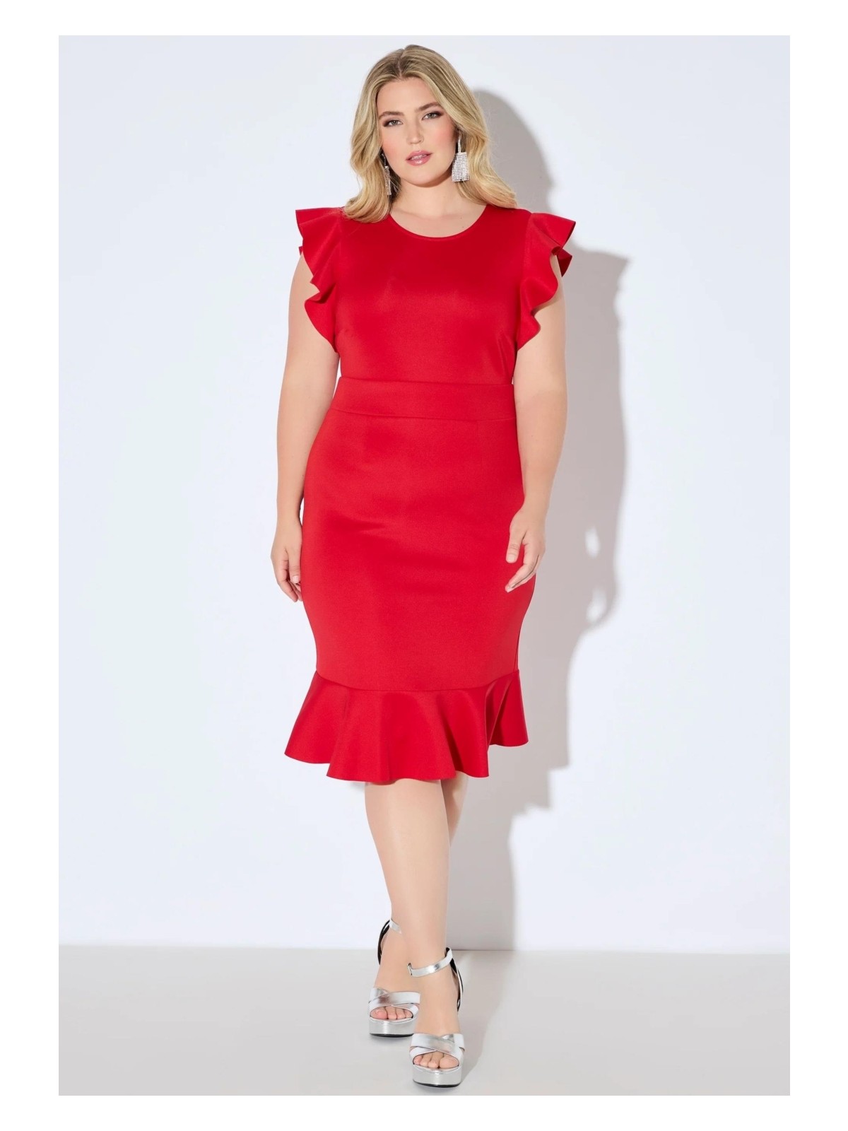 Şans Kadın Büyük Beden Kırmızı, Scuba Kumaş, Volanlı Kısa Kollu Elbise 65N39047