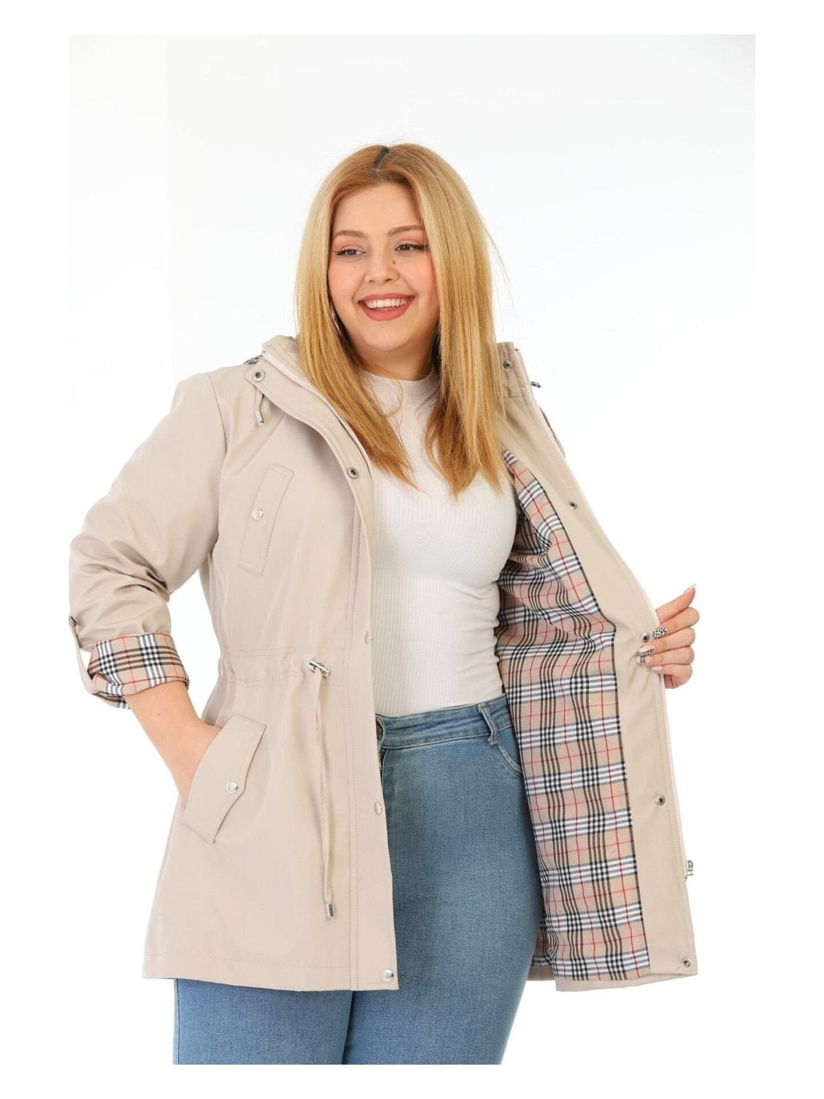 TUTveAL Collection Kadın Suya Dayanıklı Büyük Beden Trençkot Kapüşonlu Ekoseli Haki Trençkot Bonded Kumaş Trençkot