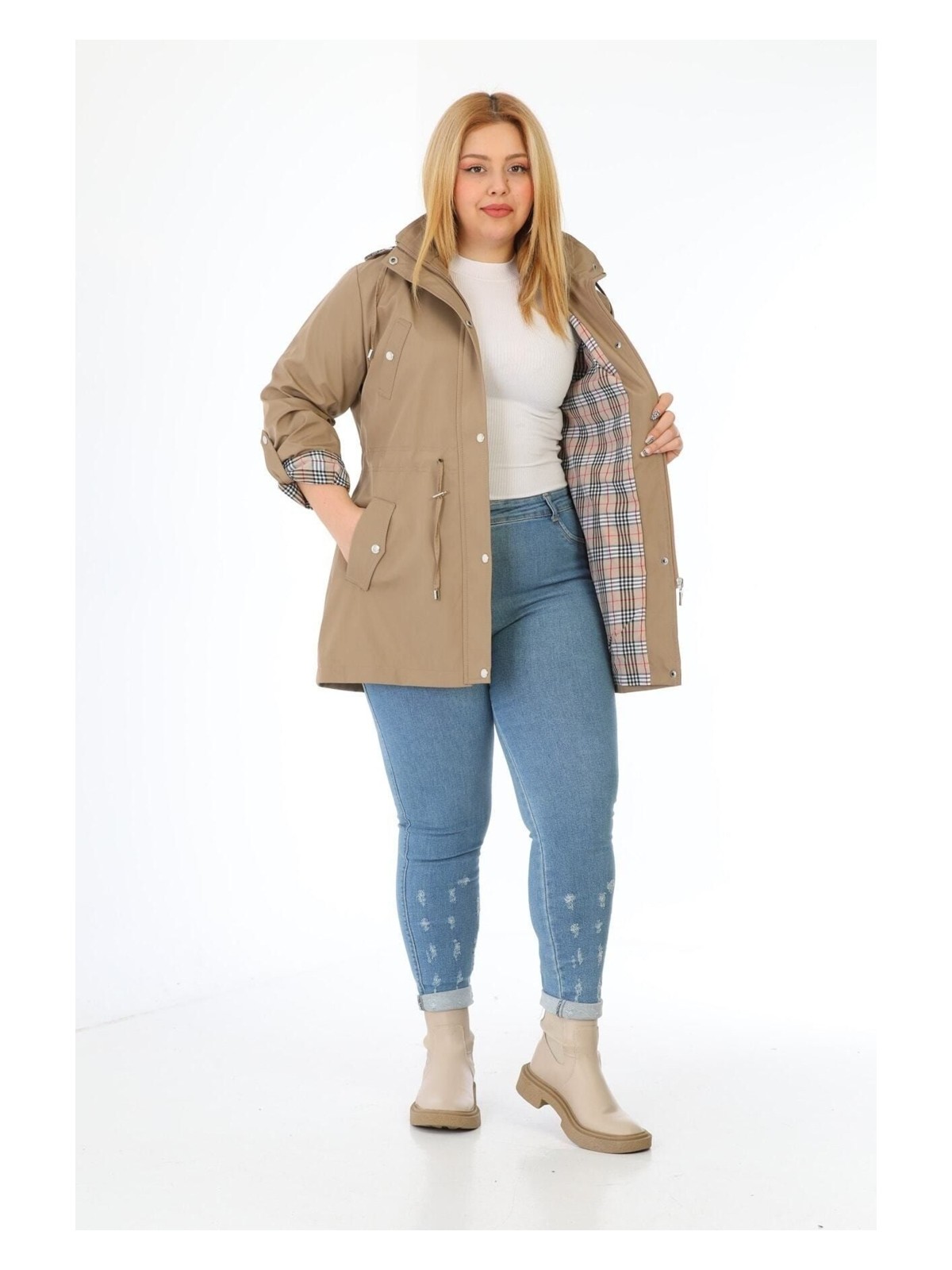 TUTveAL Collection Kadın Suya Dayanıklı Büyük Beden Trençkot Kapüşonlu Ekoseli Haki Trençkot Bonded Kumaş Trençkot - Görsel 5