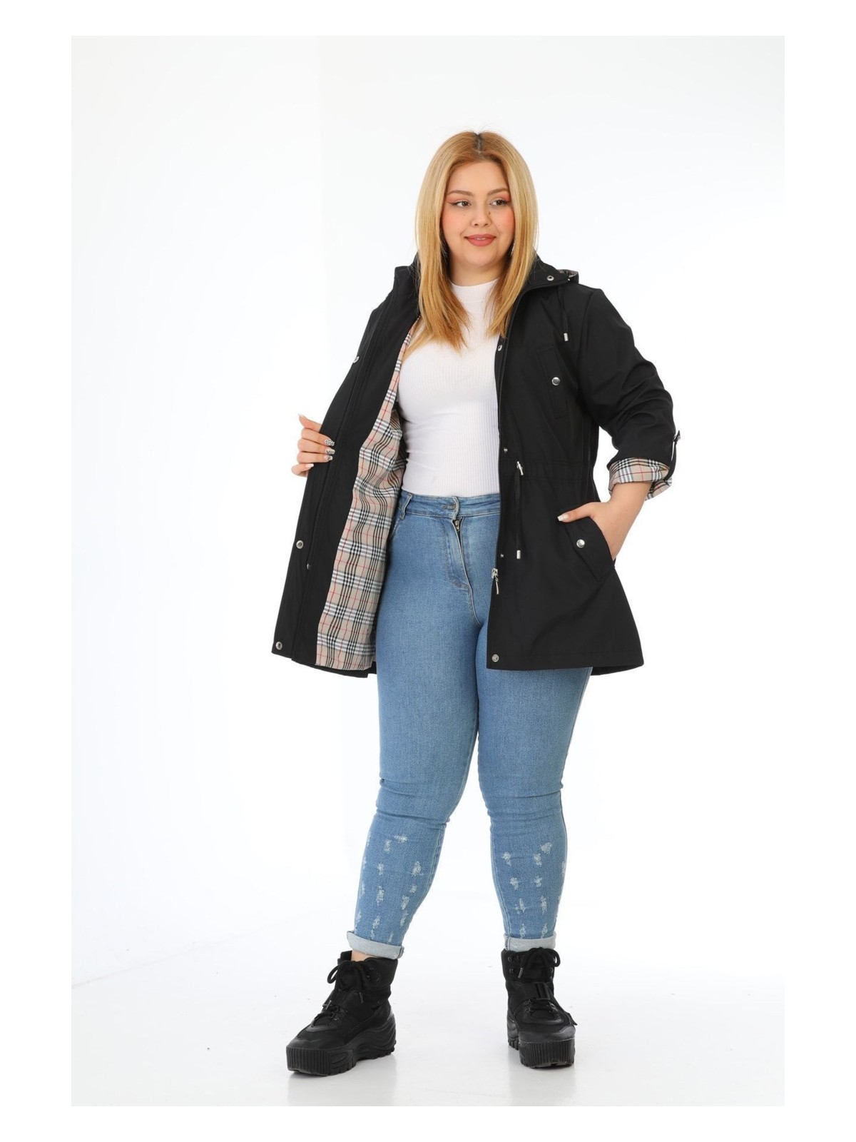 TUTveAL Collection Kadın Suya Dayanıklı Büyük Beden Trençkot Kapüşonlu Ekoseli Haki Trençkot Bonded Kumaş Trençkot - Görsel 7