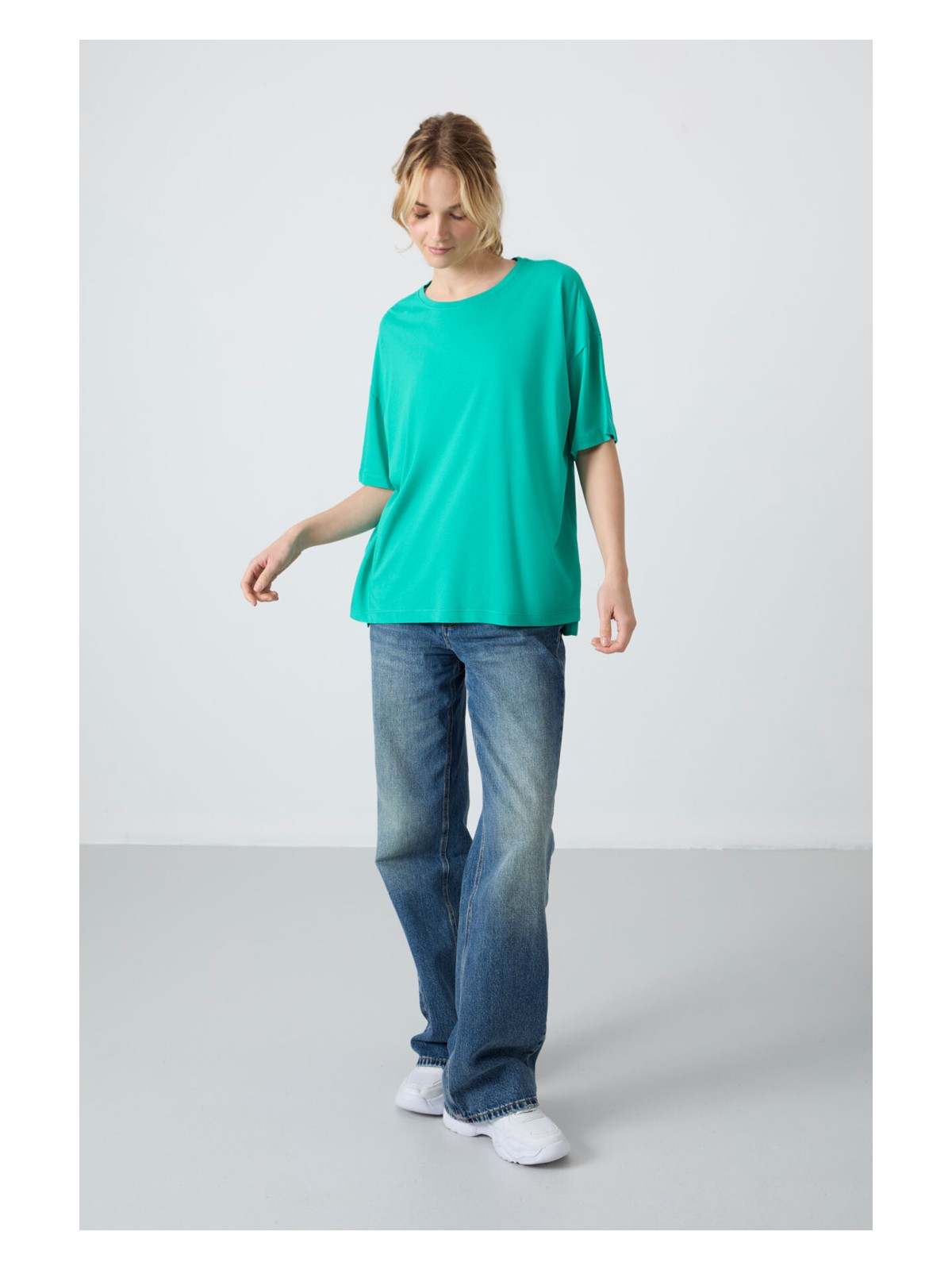 Tommy Life Siyah Penye Modal Yumuşak Tuşeli Oversize Fit Basic Kadın T-Shirt- 97285 - Görsel 7