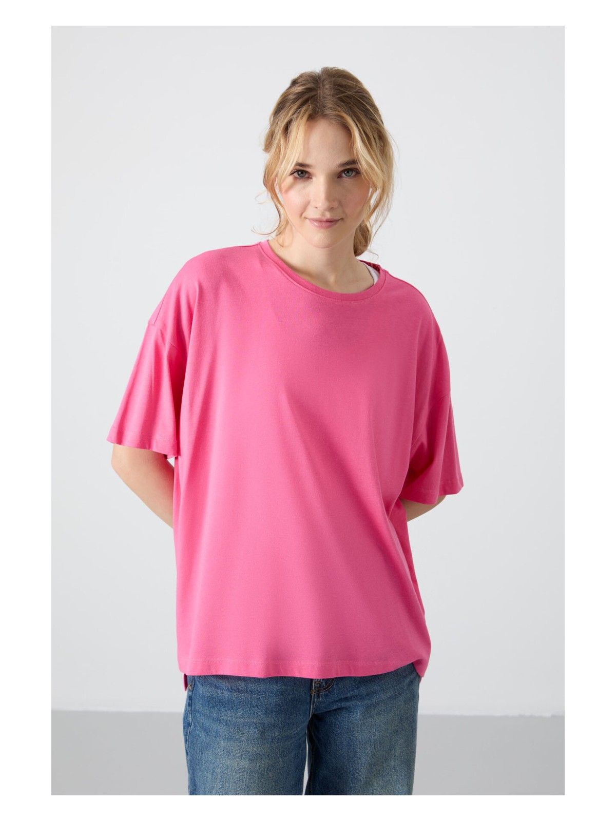 Tommy Life Siyah Penye Modal Yumuşak Tuşeli Oversize Fit Basic Kadın T-Shirt- 97285 - Görsel 9